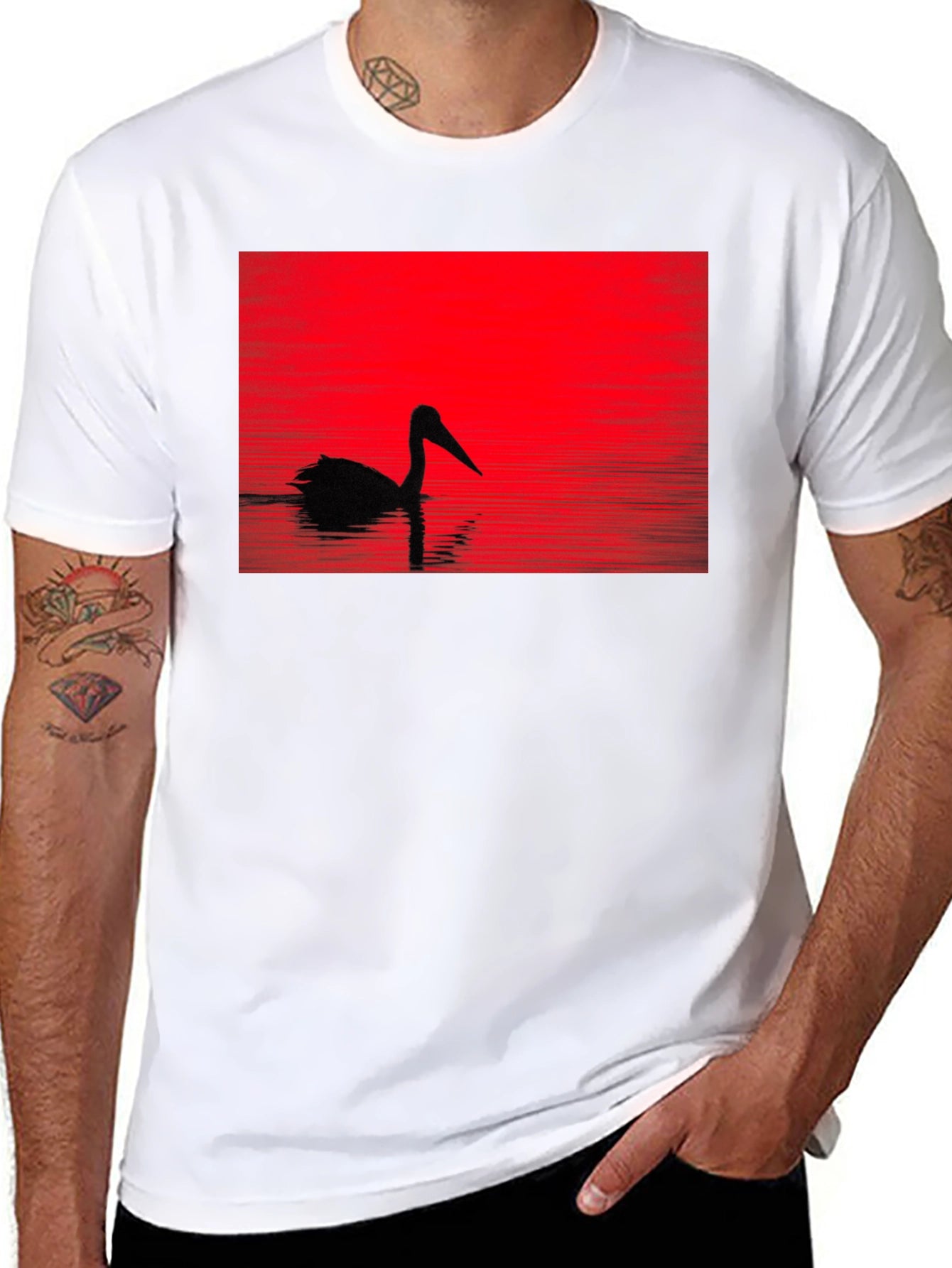 Pelican Silhouette T-Shirt - Red Sunset Design