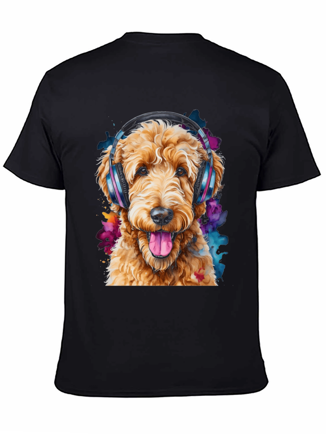 Dog with Headphones Black T-Shirt
