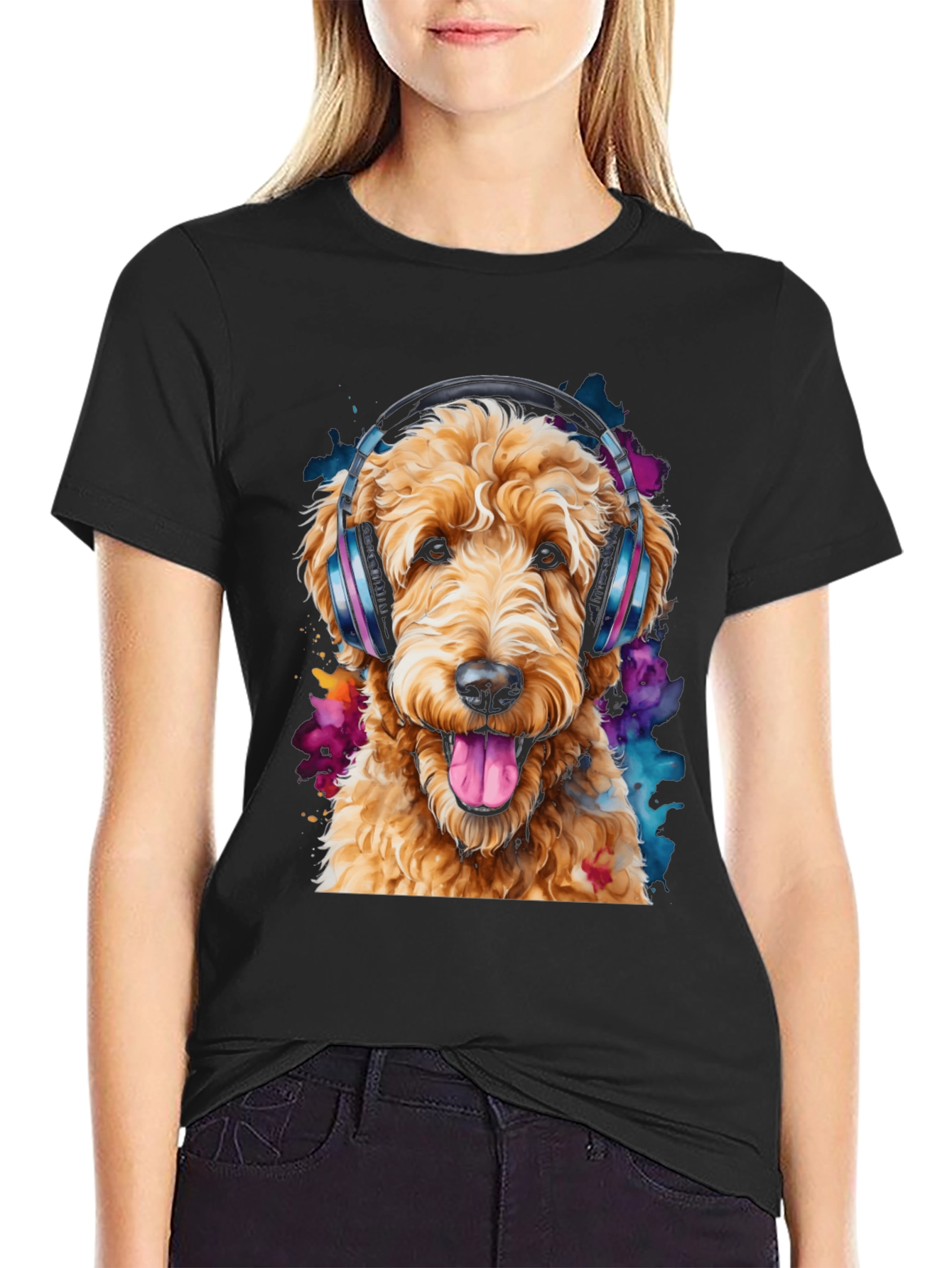 Dog with Headphones Black T-Shirt