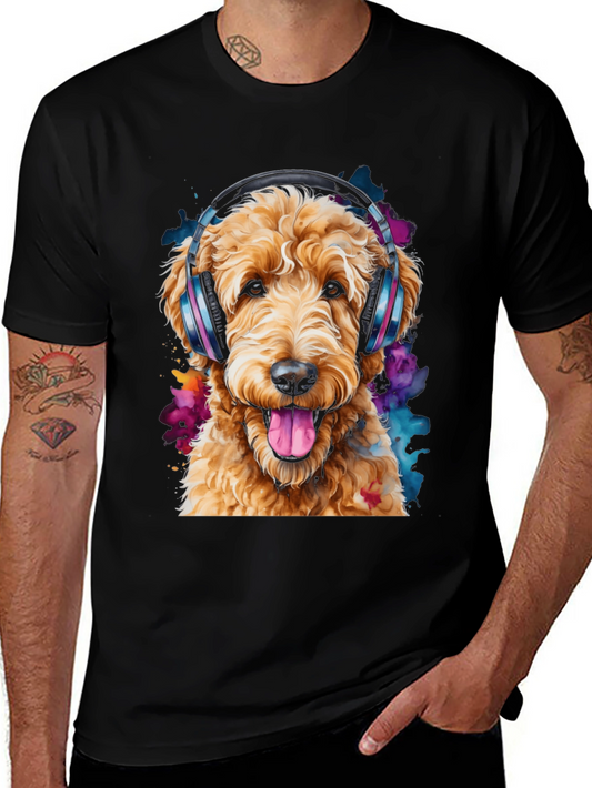 Dog with Headphones Black T-Shirt