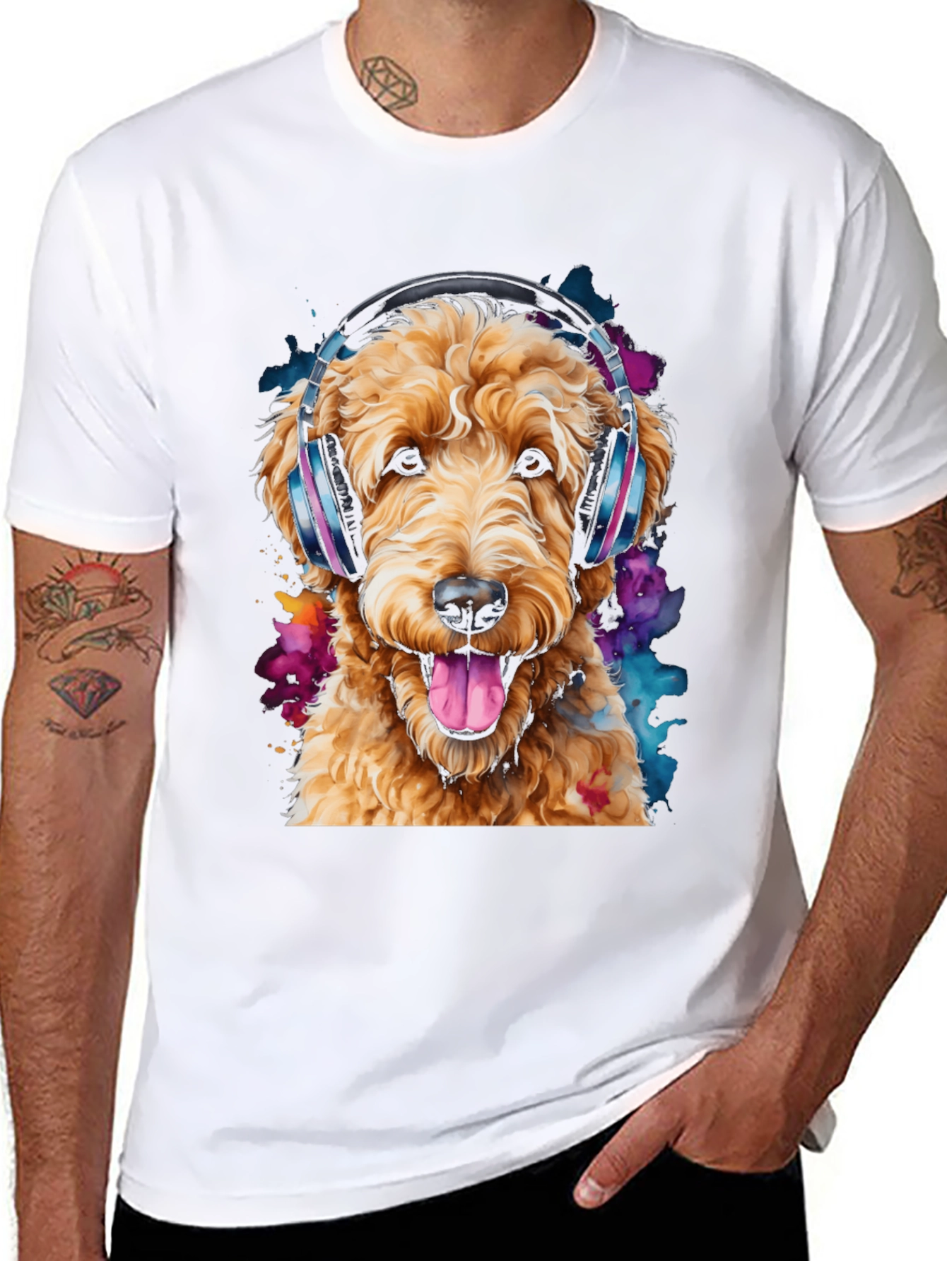 Dog with Headphones Black T-Shirt