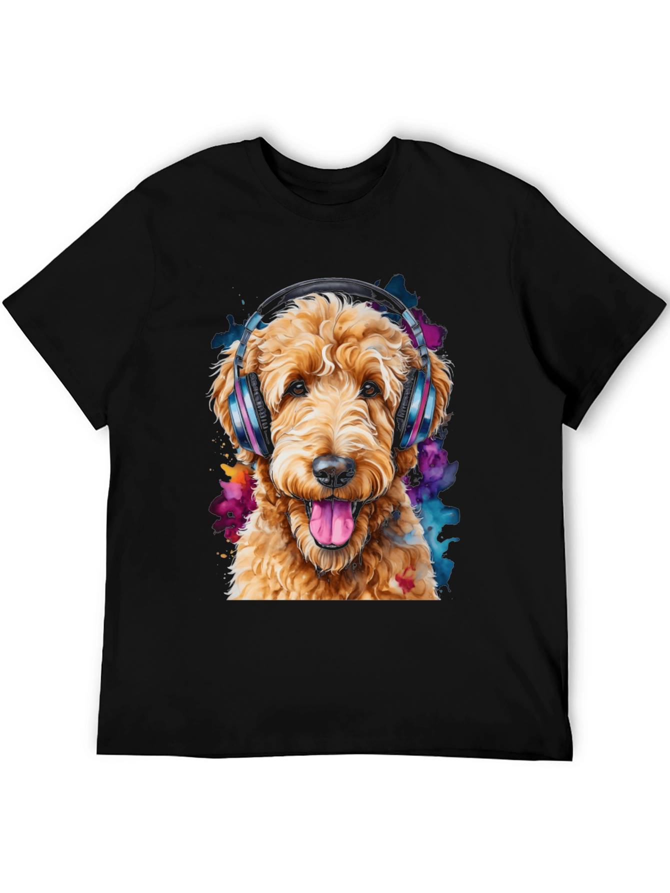 Dog with Headphones Black T-Shirt