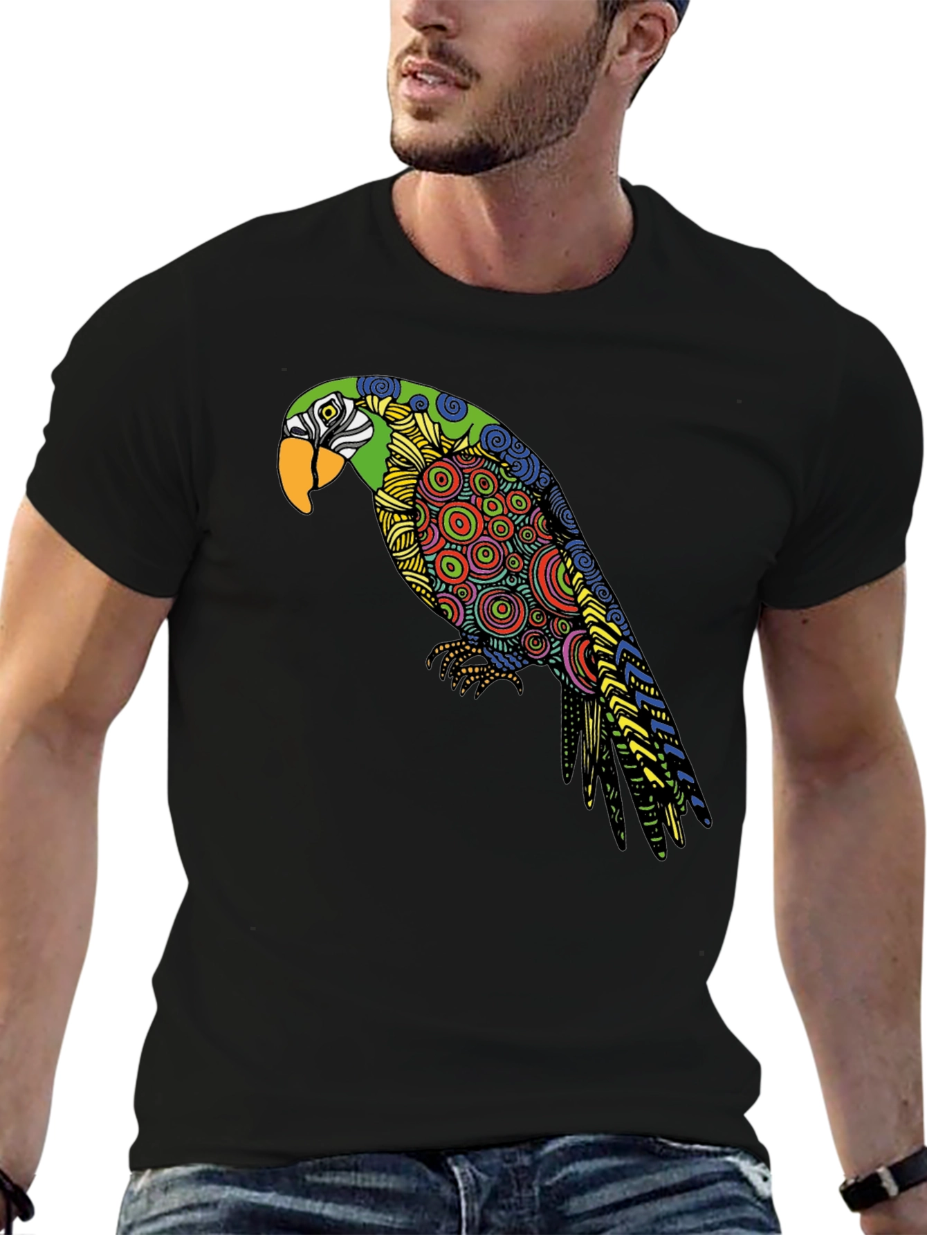 Black Parrot Graphic Tee - Stylish Crew Neck T-Shirt