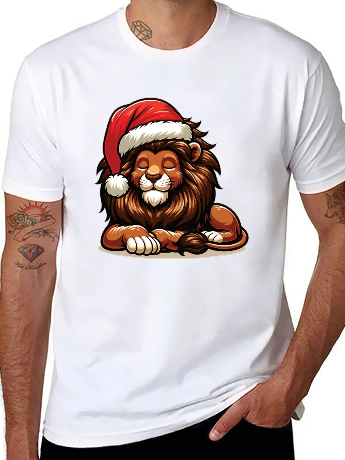 Lion in Santa Hat Graphic T-Shirt
