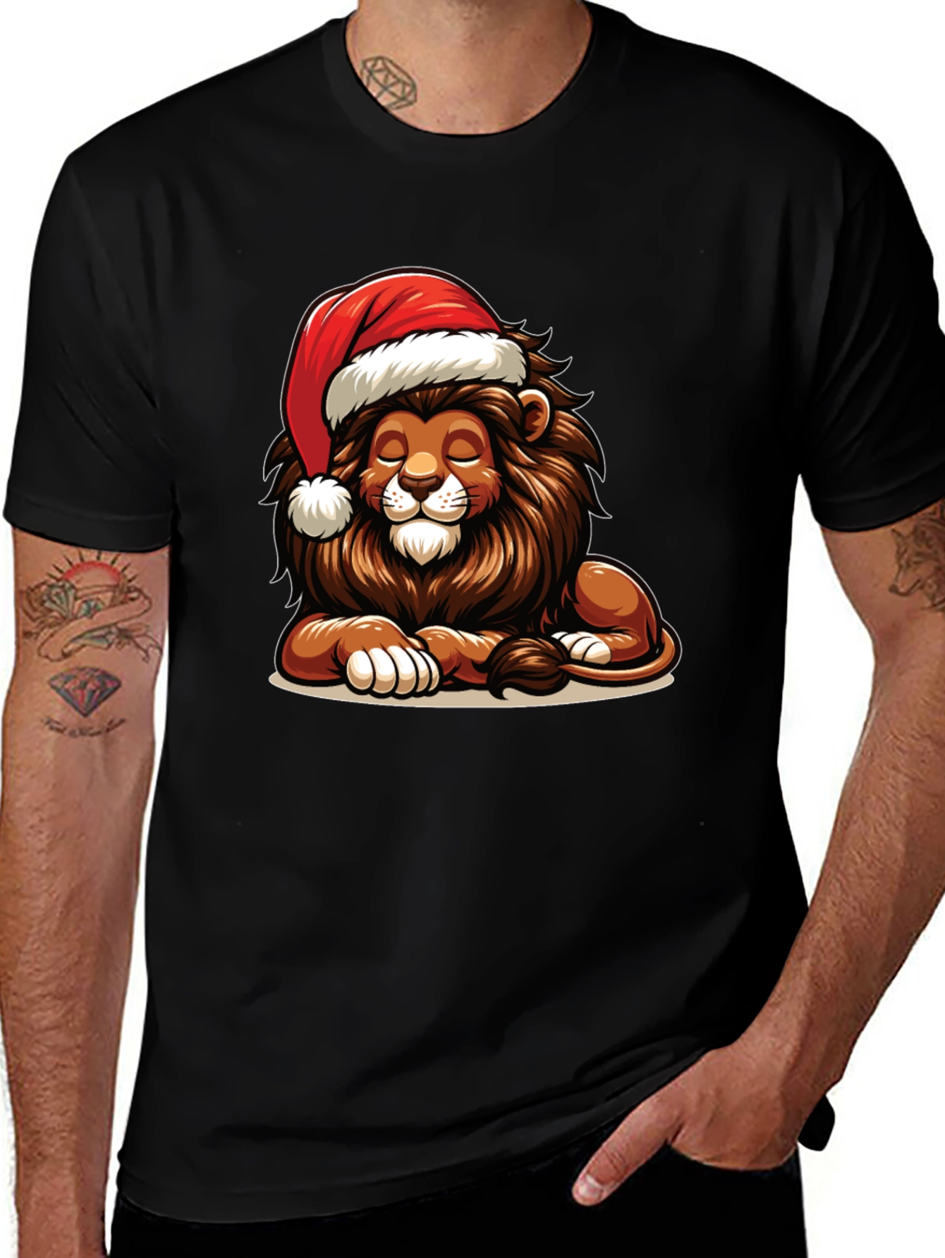 Lion in Santa Hat Graphic T-Shirt