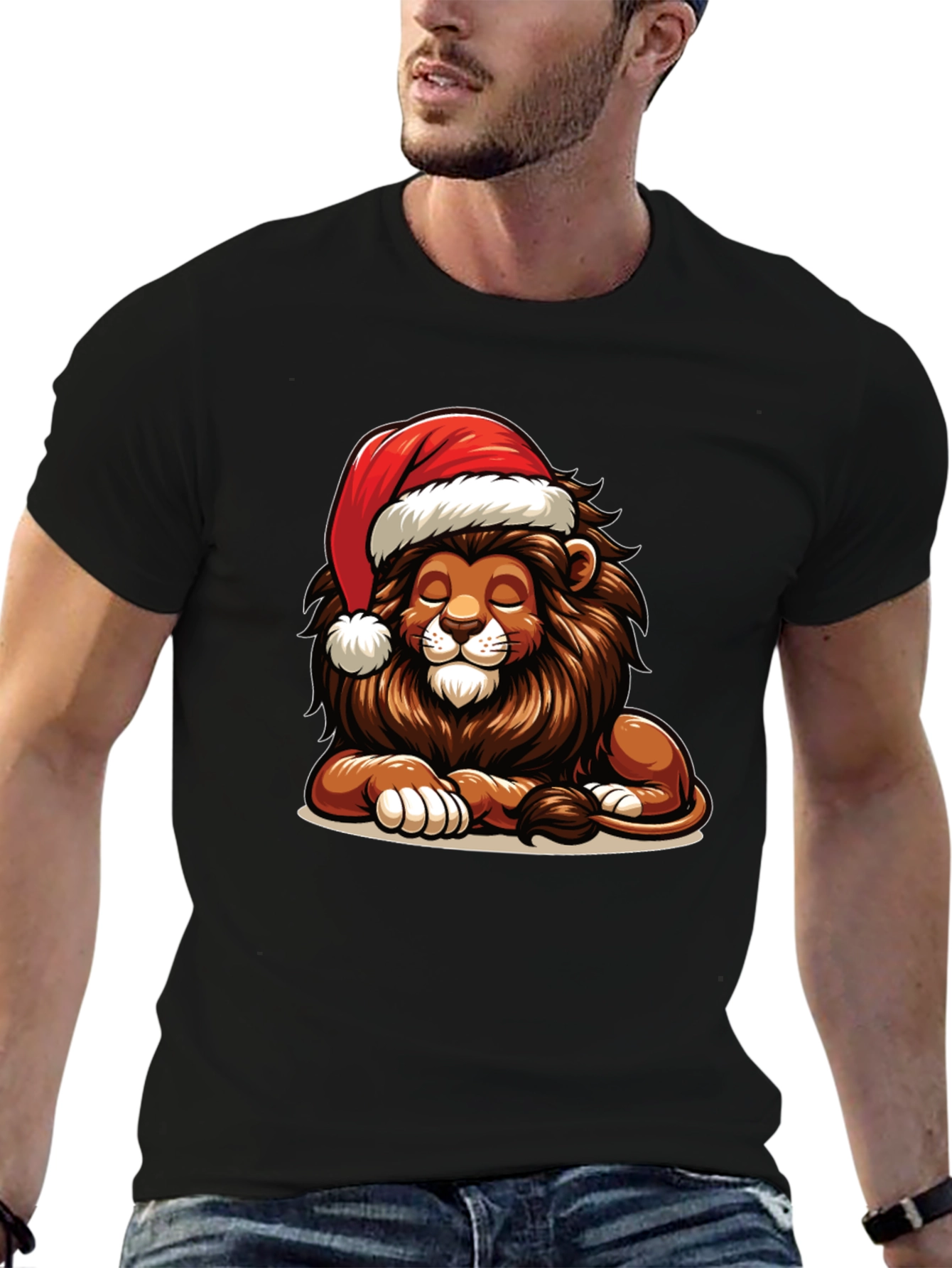Lion in Santa Hat Graphic T-Shirt