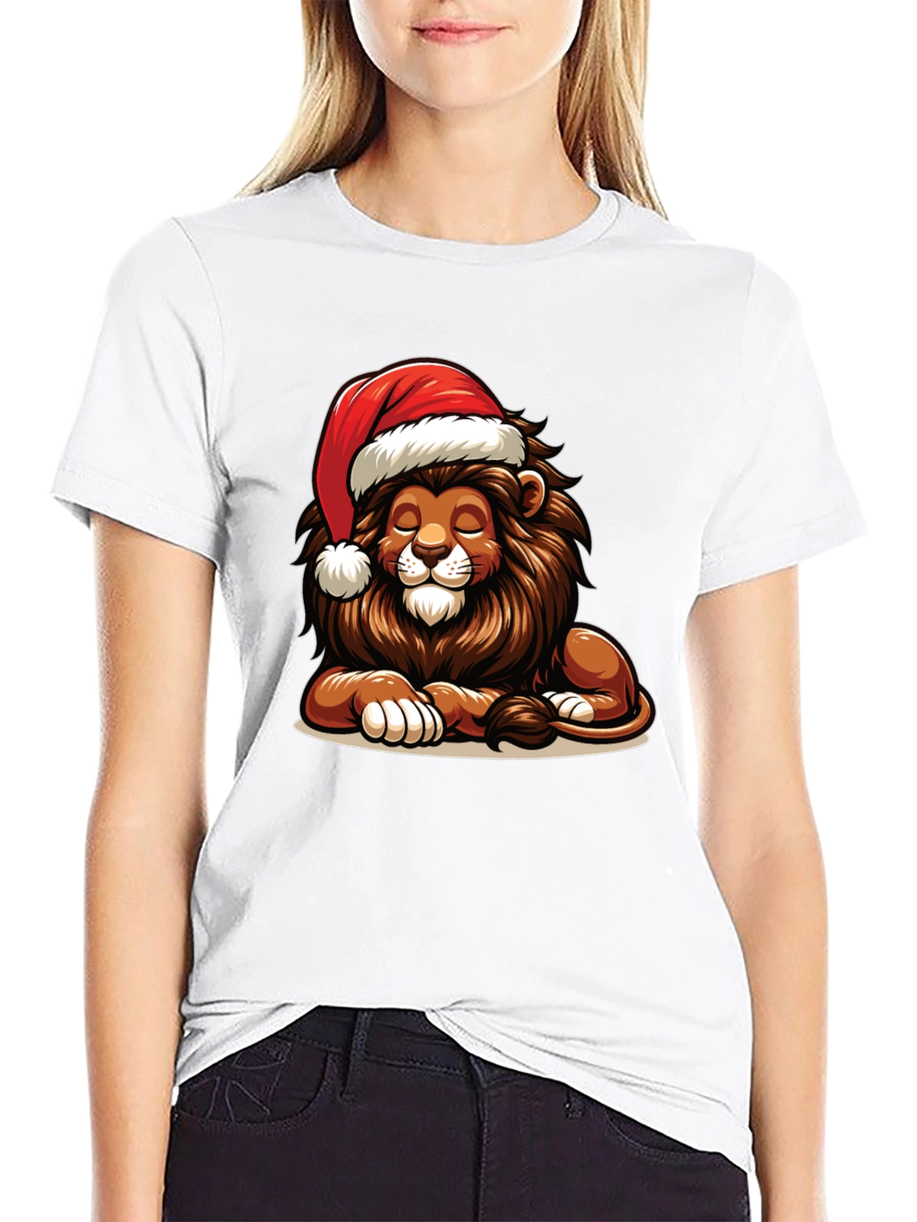Lion in Santa Hat Graphic T-Shirt