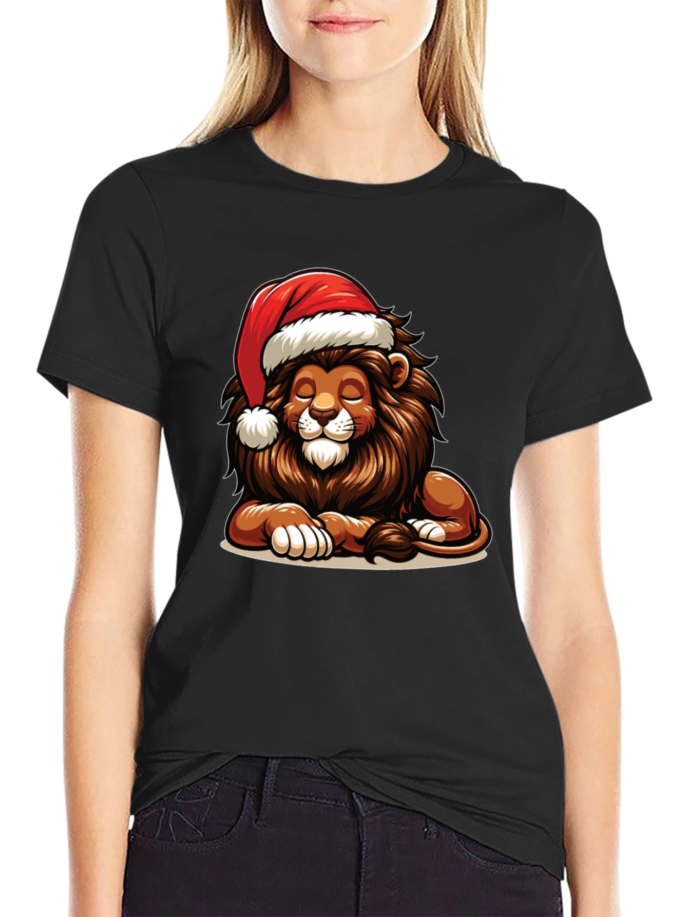 Lion in Santa Hat Graphic T-Shirt