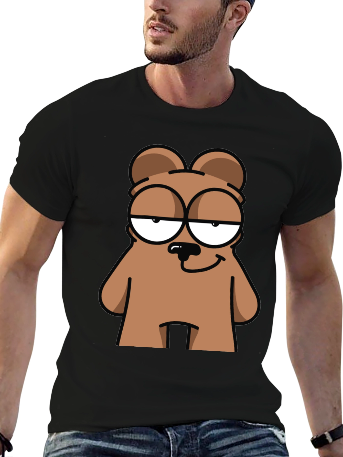 Cool Bear Cartoon Graphic Print Black T-Shirt