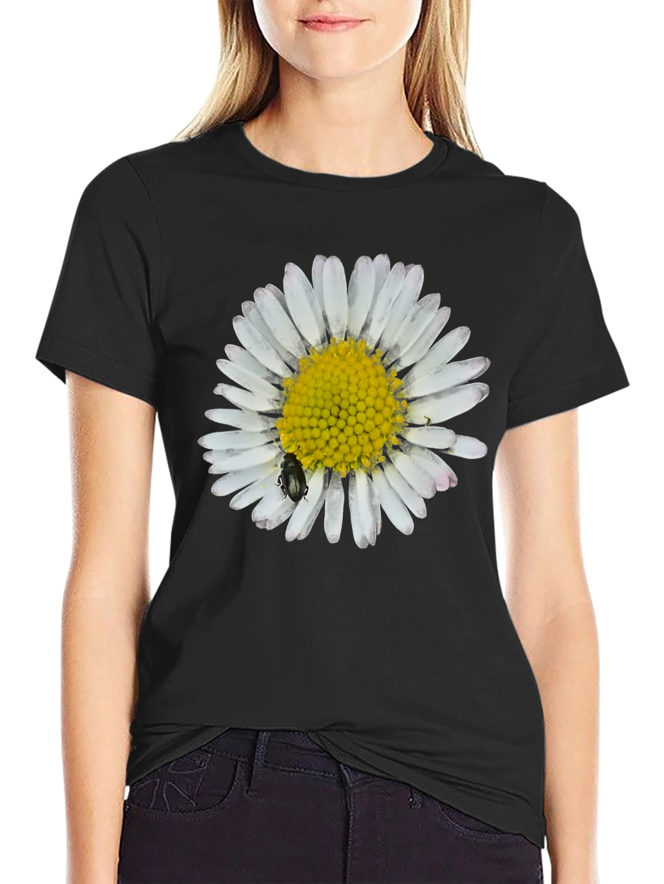 Daisy Flower Graphic T-Shirt - Black Cotton Tee