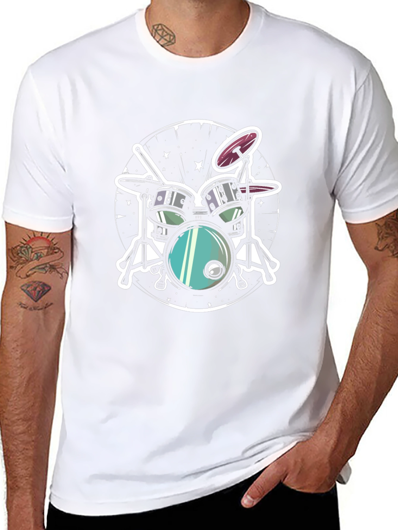 Cool Drum Set Graphic Tee - Black Cotton T-Shirt