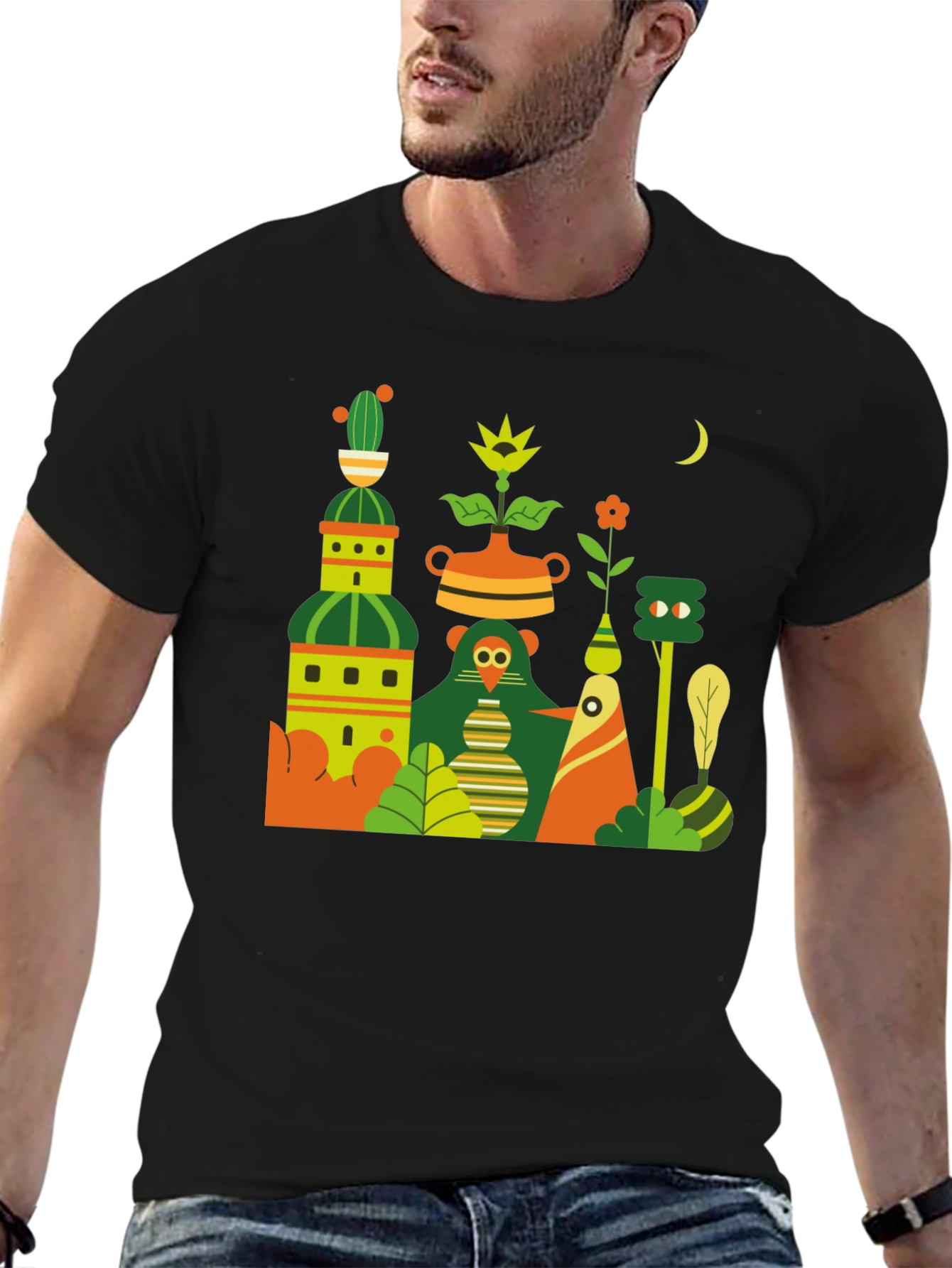 Black T-Shirt with Abstract Nature Graphic