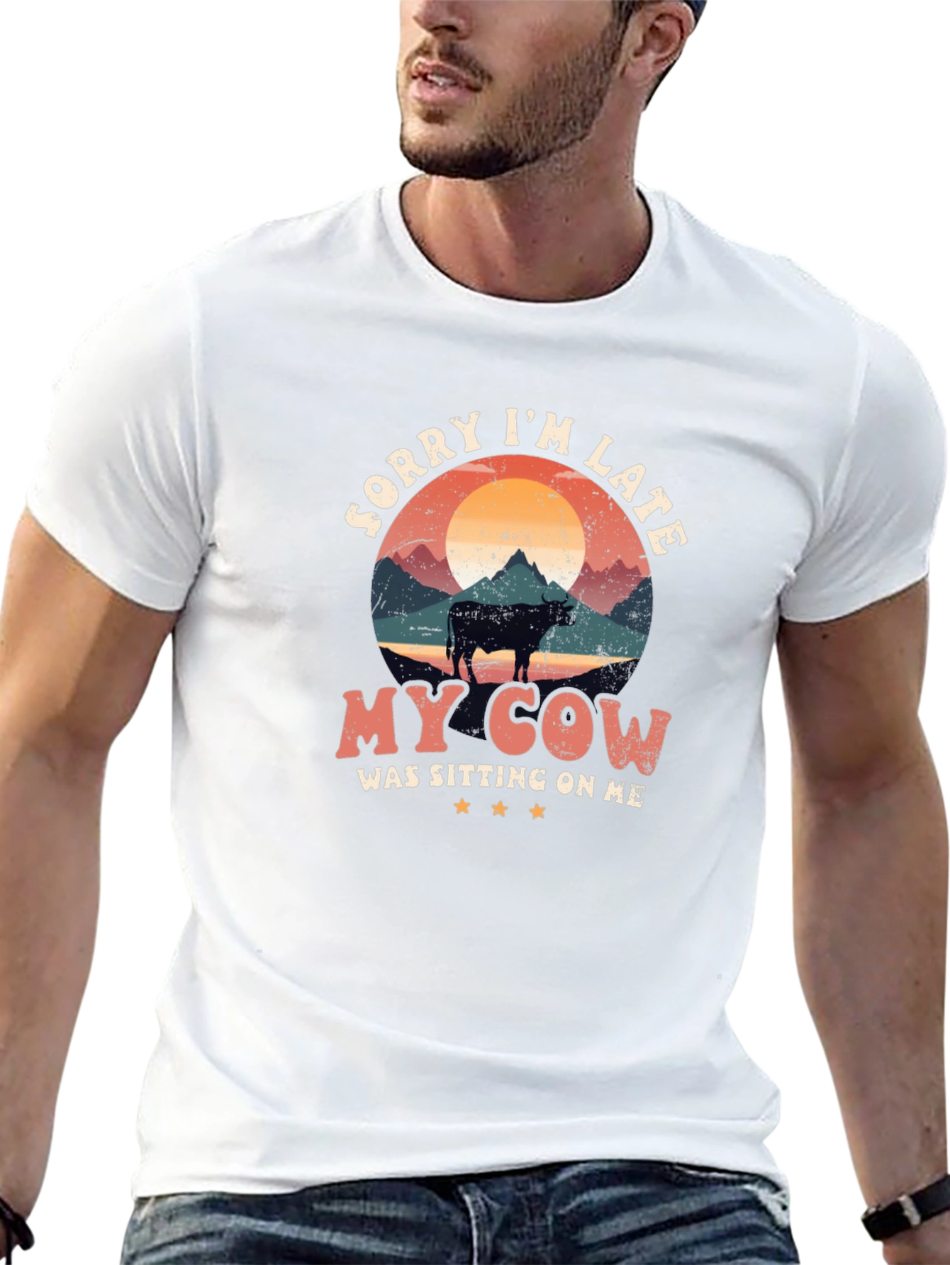 Funny Cow Graphic T-Shirt - Sorry Im Late