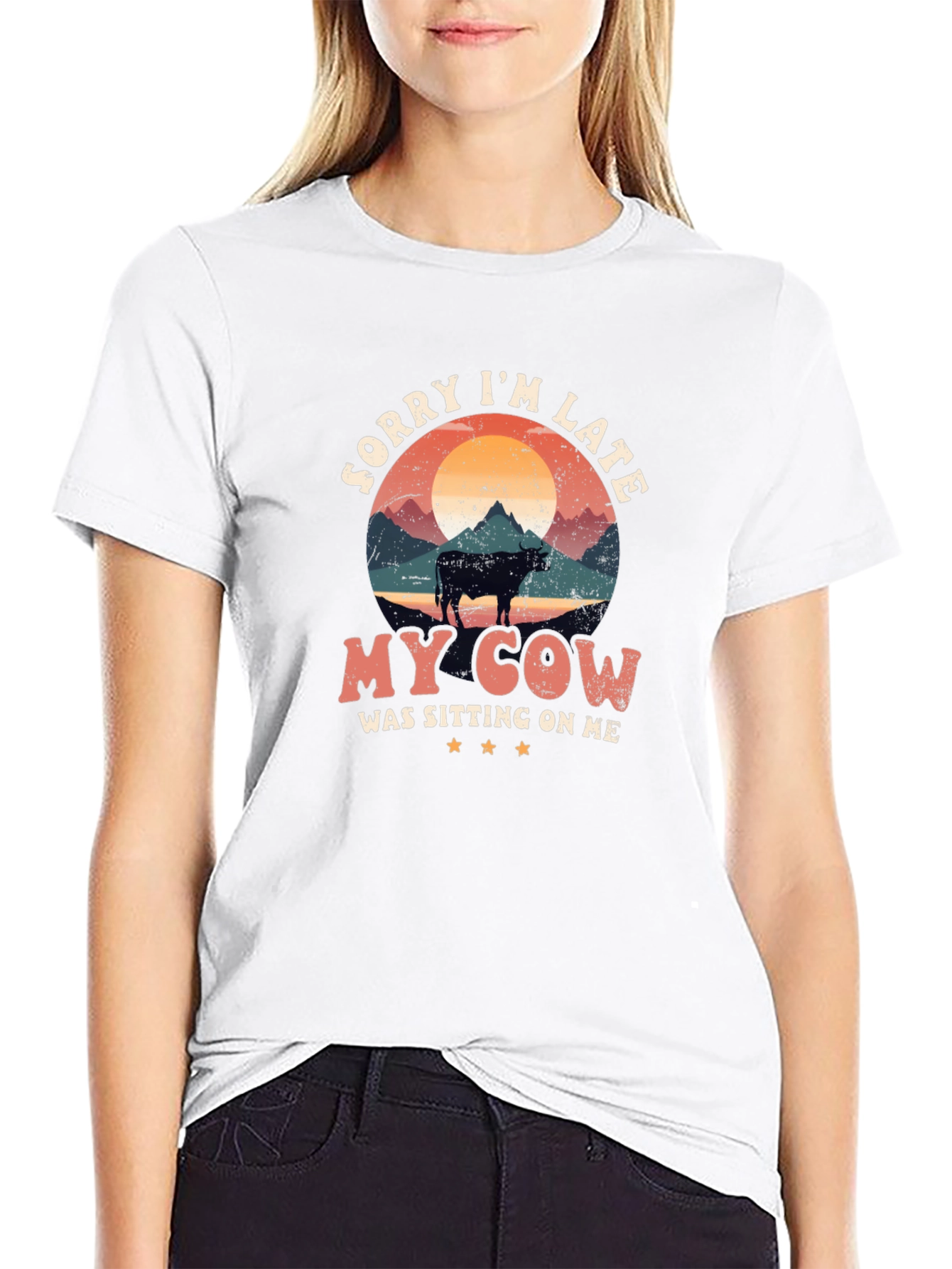 Funny Cow Graphic T-Shirt - Sorry Im Late