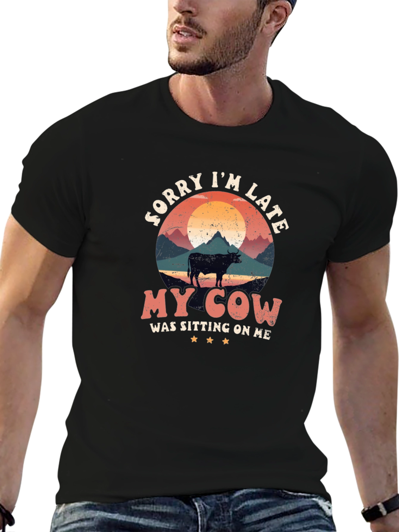 Funny Cow Graphic T-Shirt - Sorry Im Late