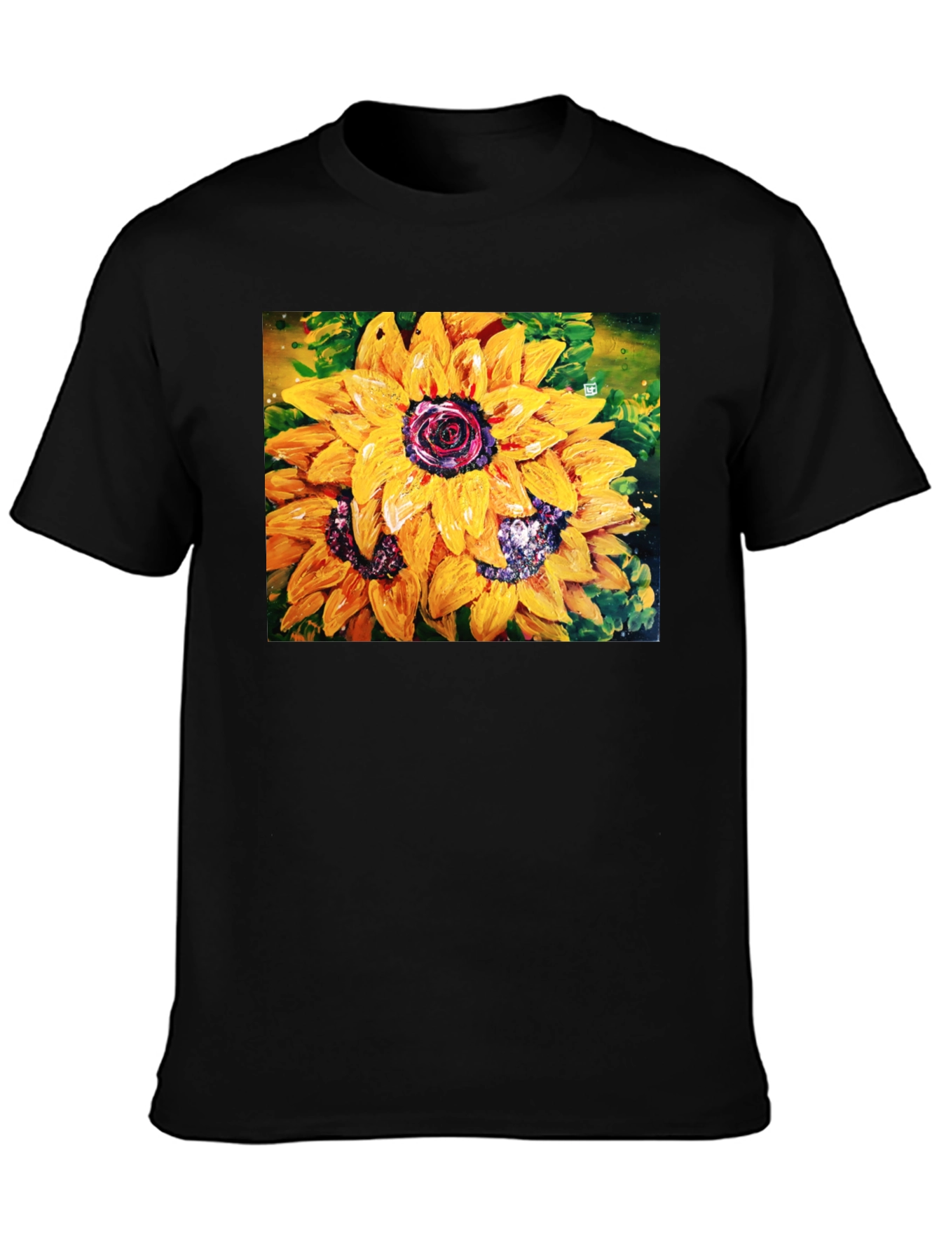 Sunflower Art Print Black Crew Neck T-Shirt