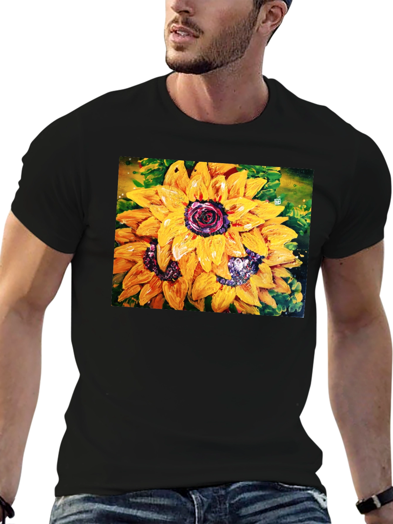 Sunflower Art Print Black Crew Neck T-Shirt
