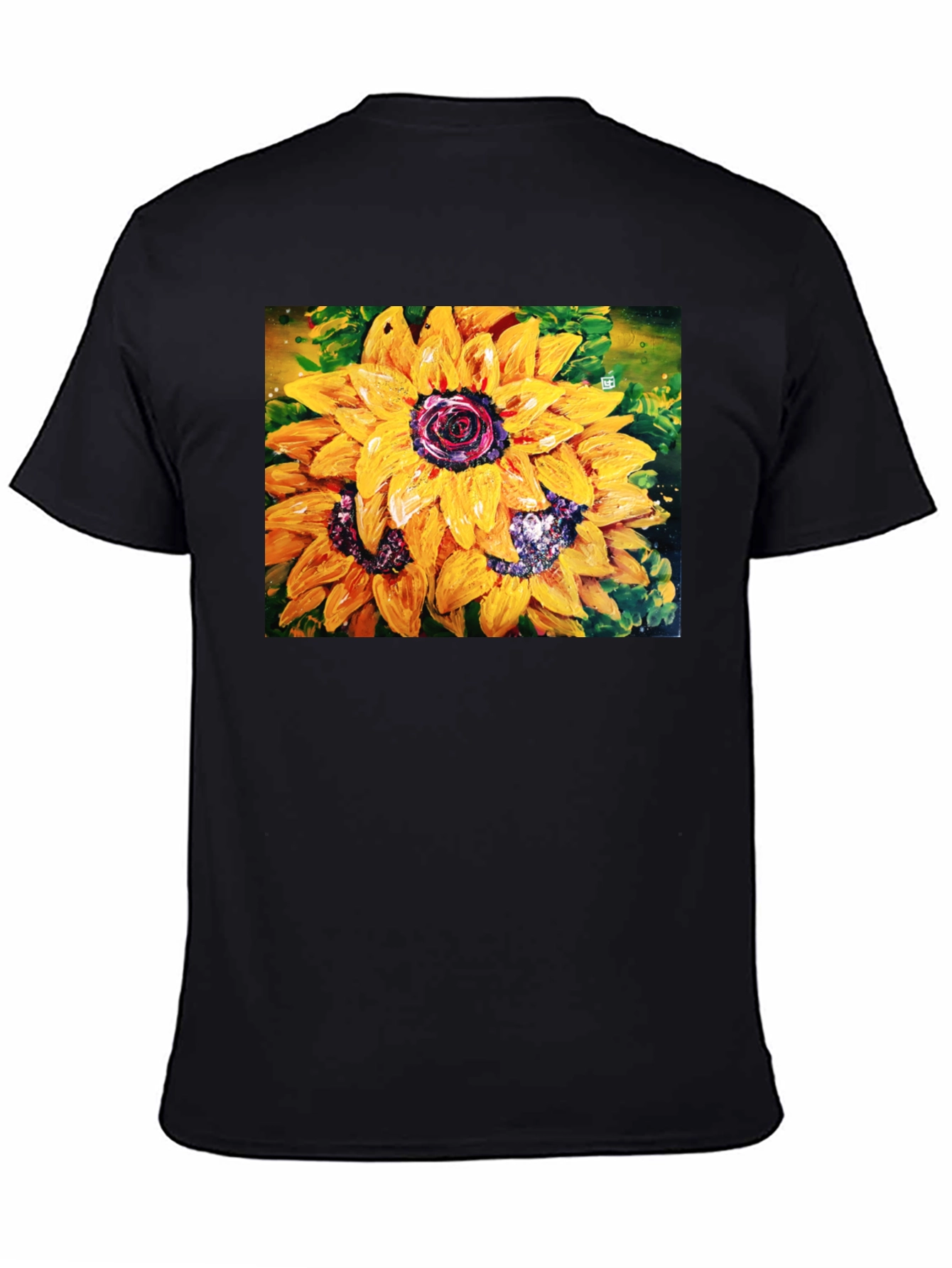 Sunflower Art Print Black Crew Neck T-Shirt