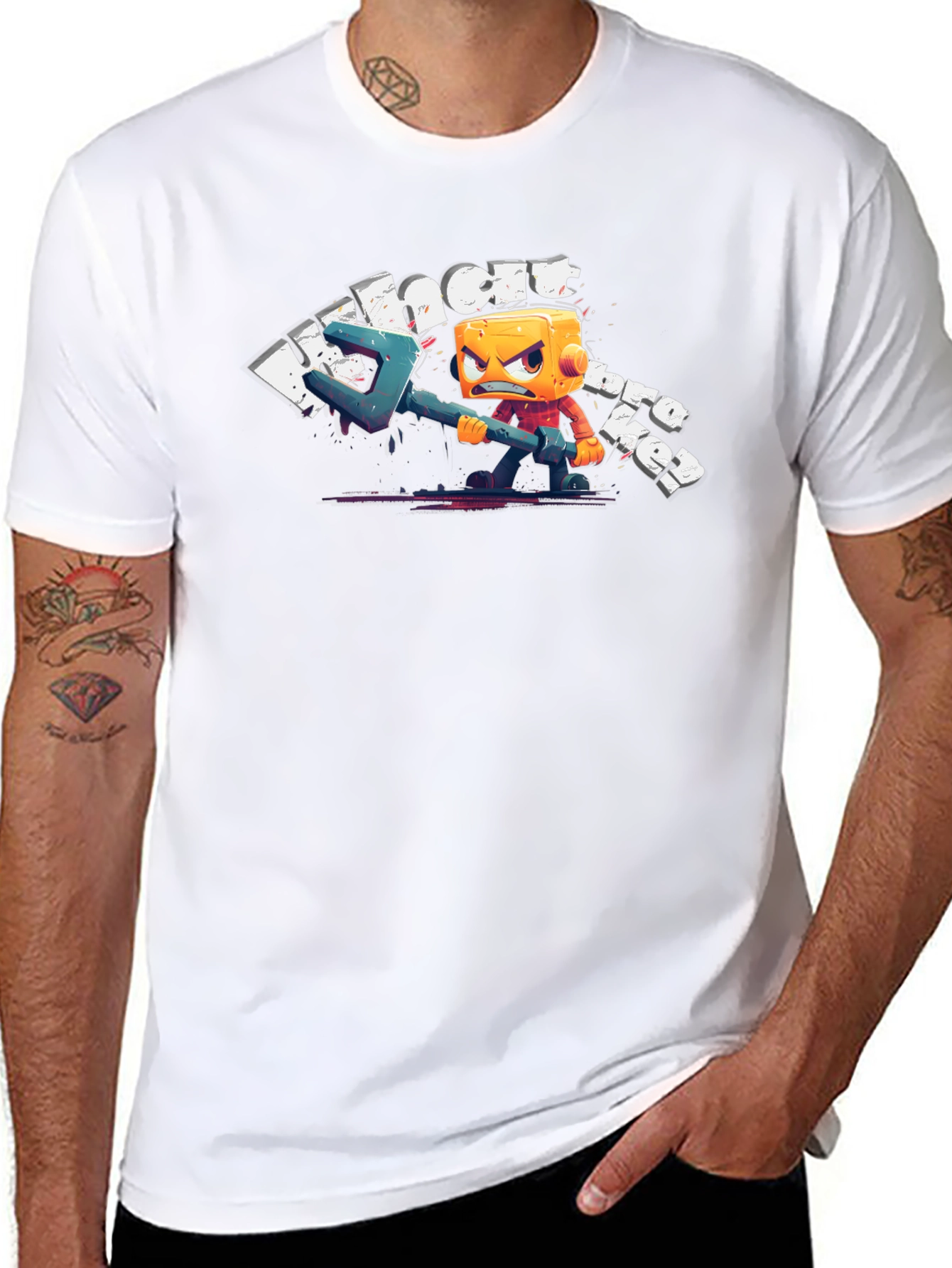 Angry Cube Character on Black Tee
