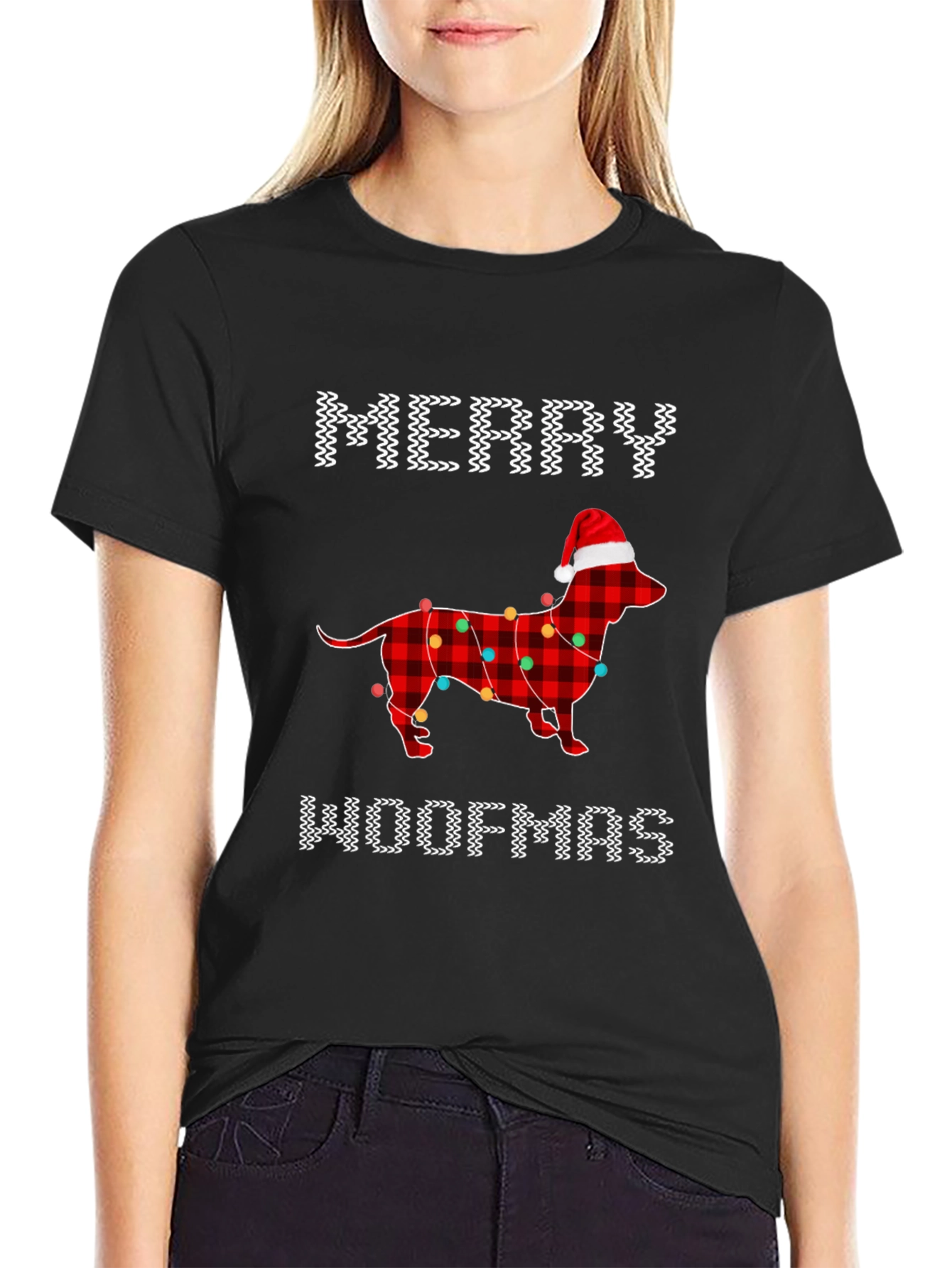 Merry Woofmas Dachshund Christmas Lights T-Shirt