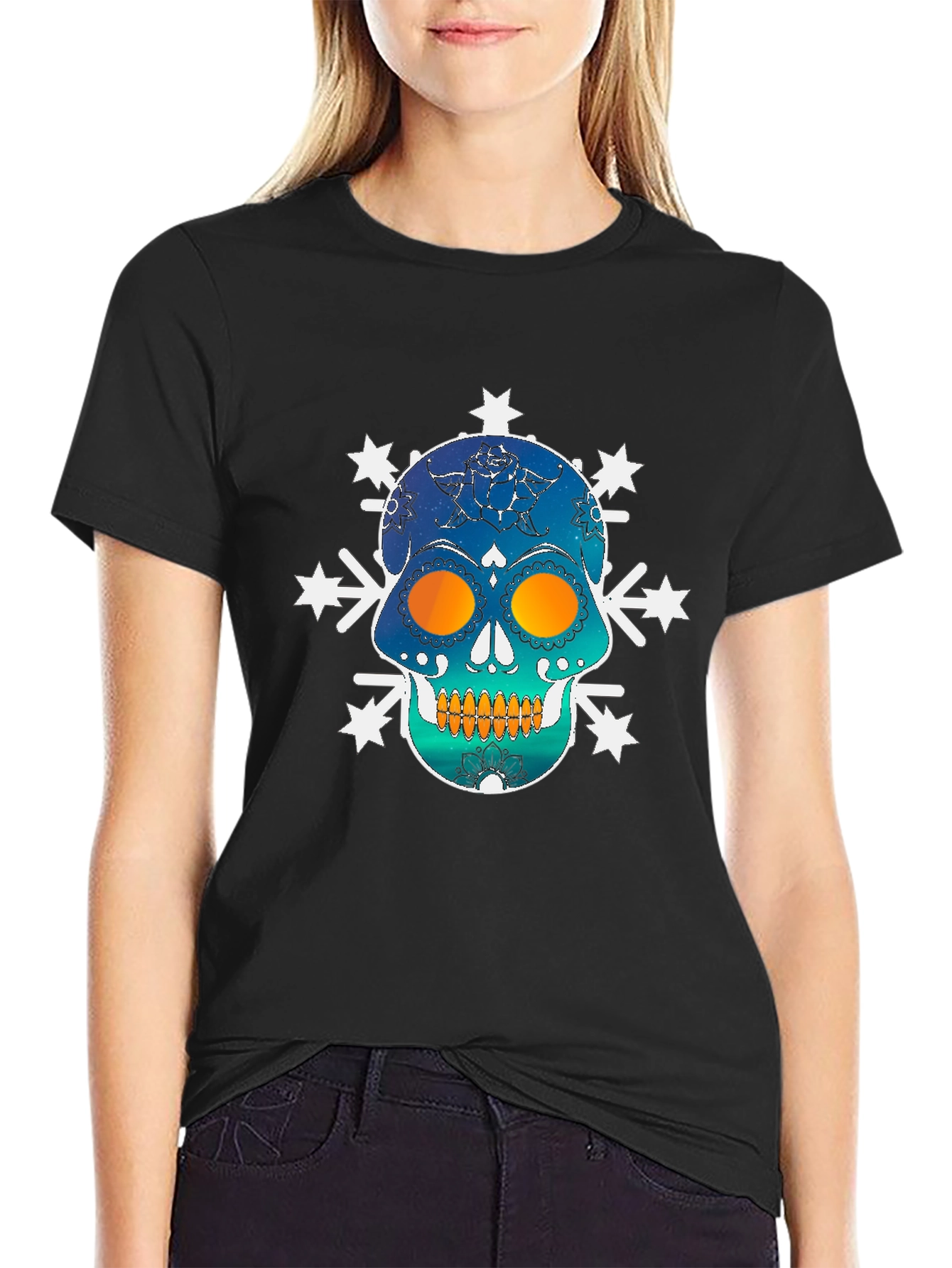 Skull Snowflake Graphic Tee - Black Cotton Blend