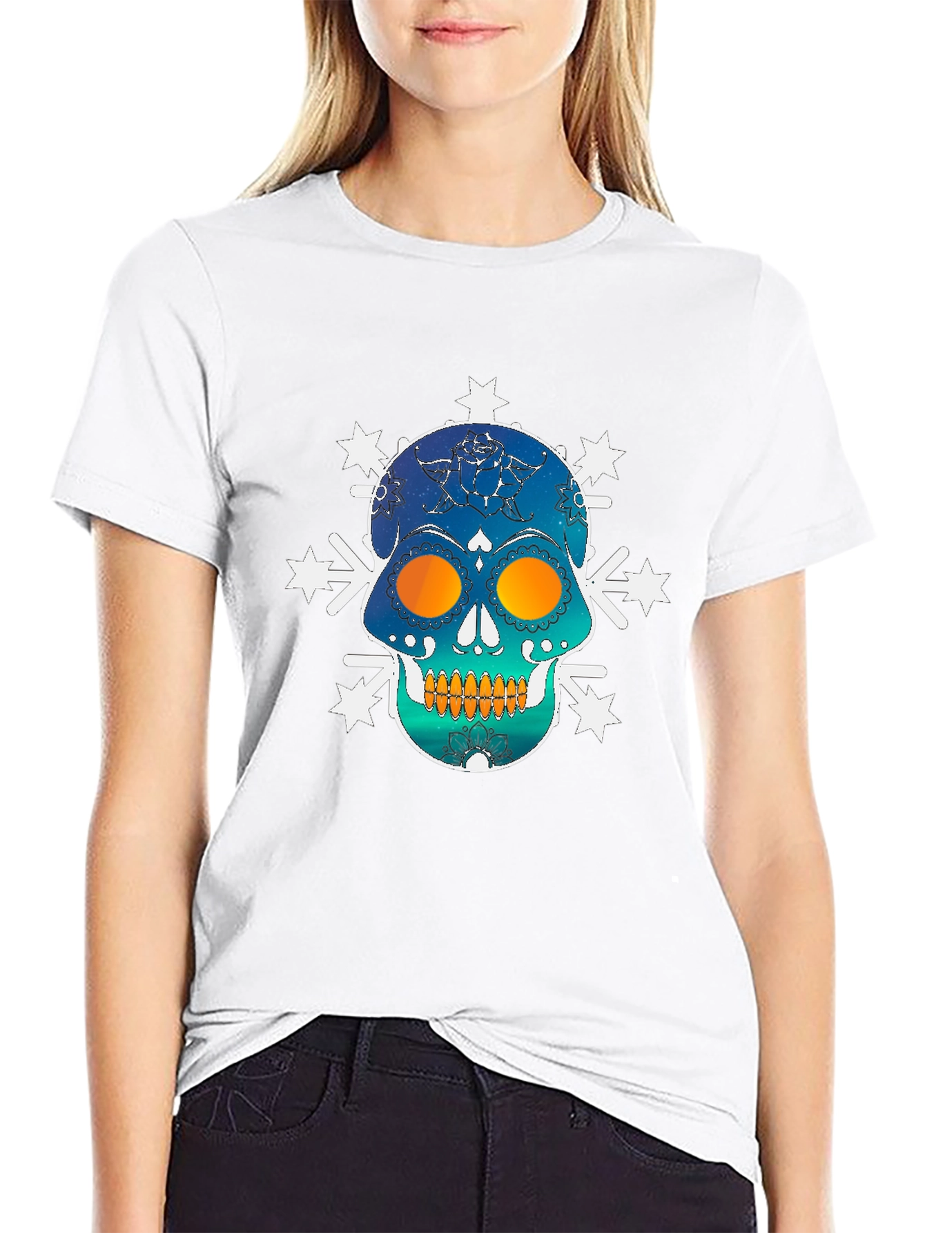 Skull Snowflake Graphic Tee - Black Cotton Blend