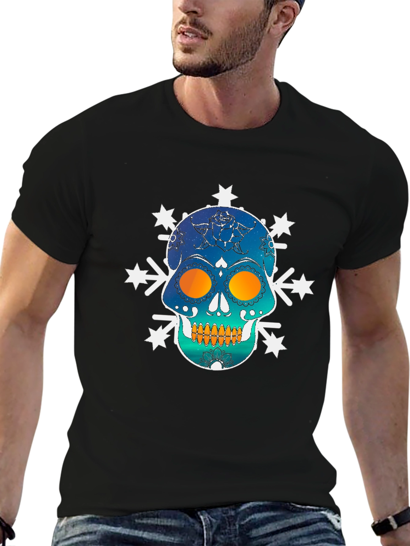 Skull Snowflake Graphic Tee - Black Cotton Blend