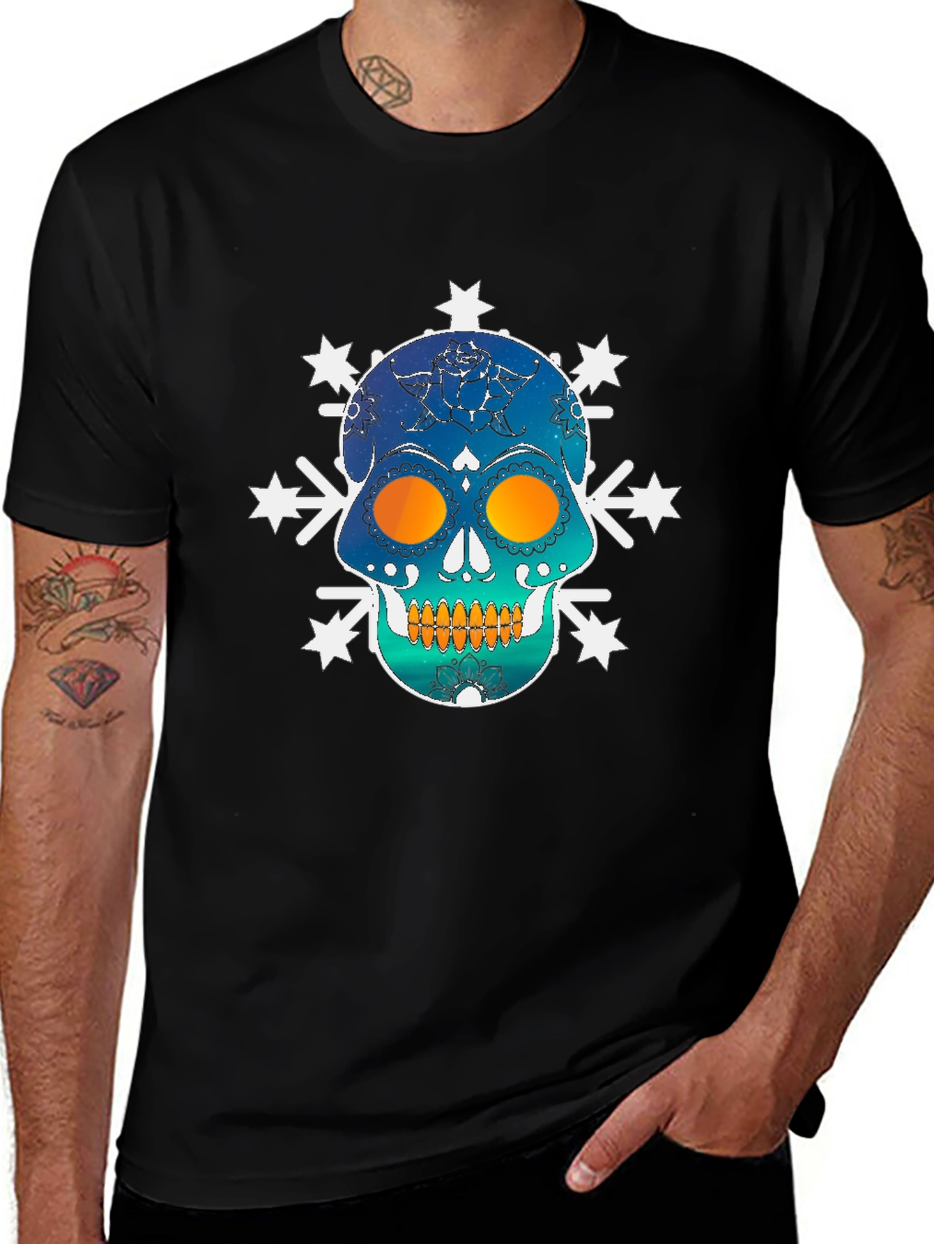 Skull Snowflake Graphic Tee - Black Cotton Blend