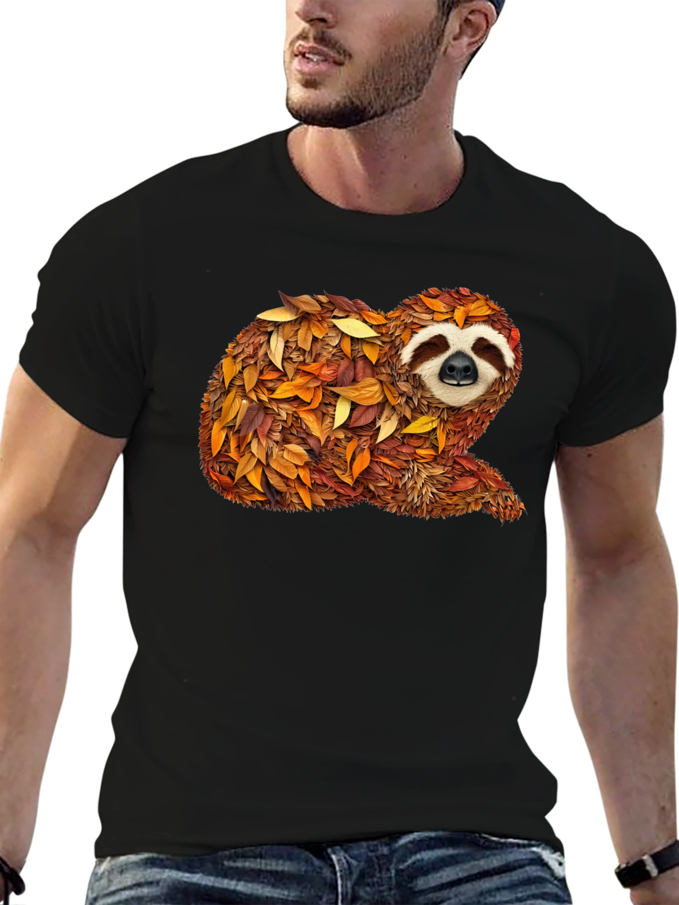 Autumn Sloth Tee - Unique Fall Leaves Design