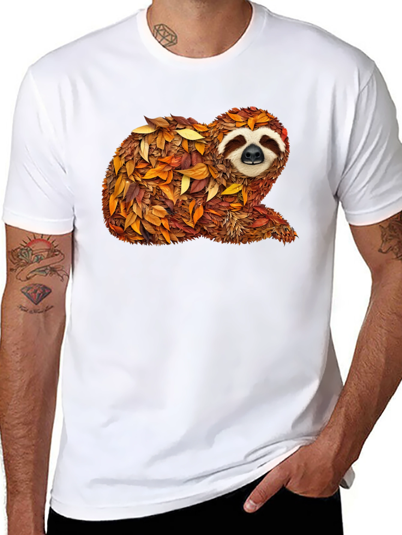 Autumn Sloth Tee - Unique Fall Leaves Design