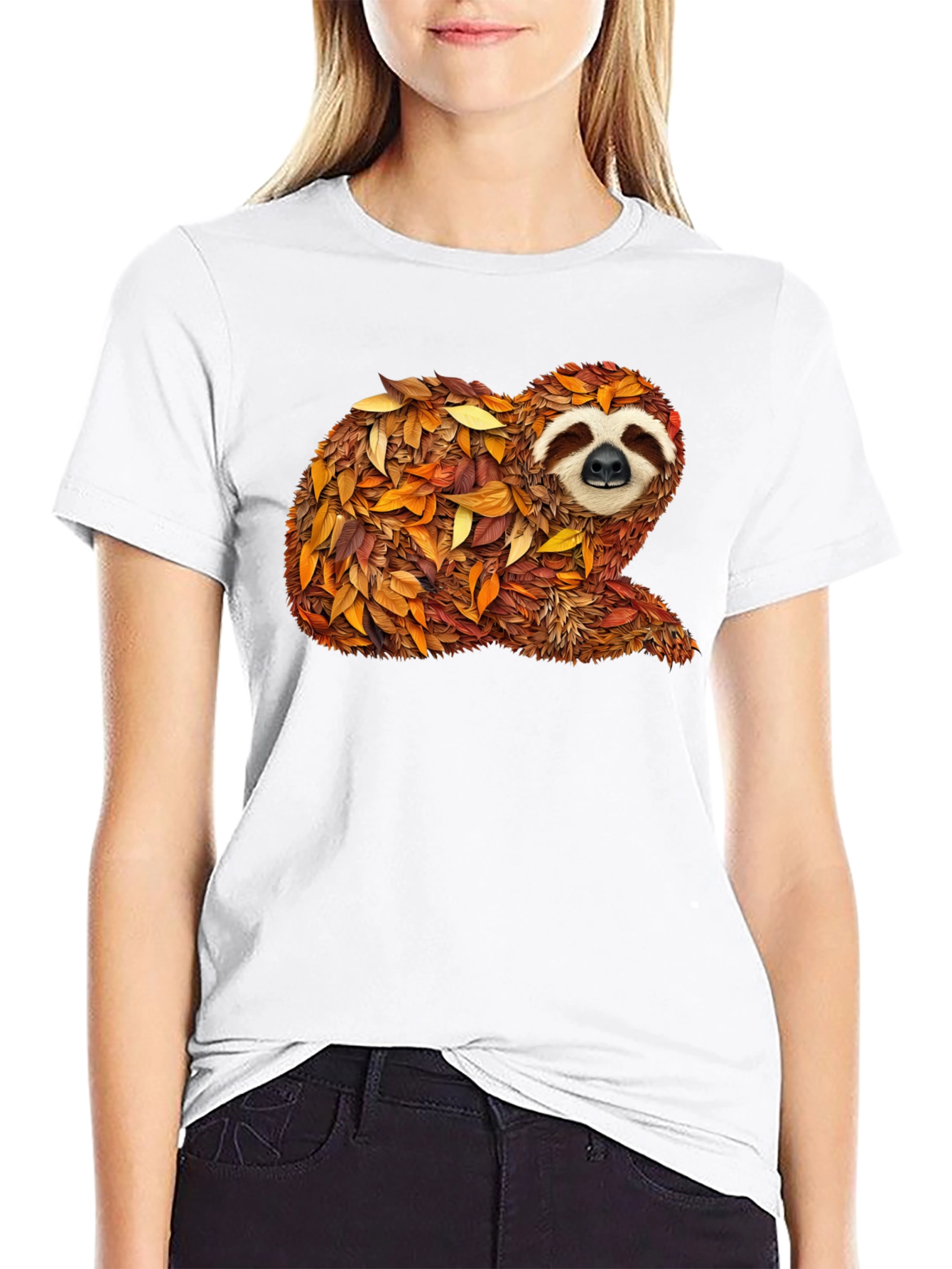 Autumn Sloth Tee - Unique Fall Leaves Design