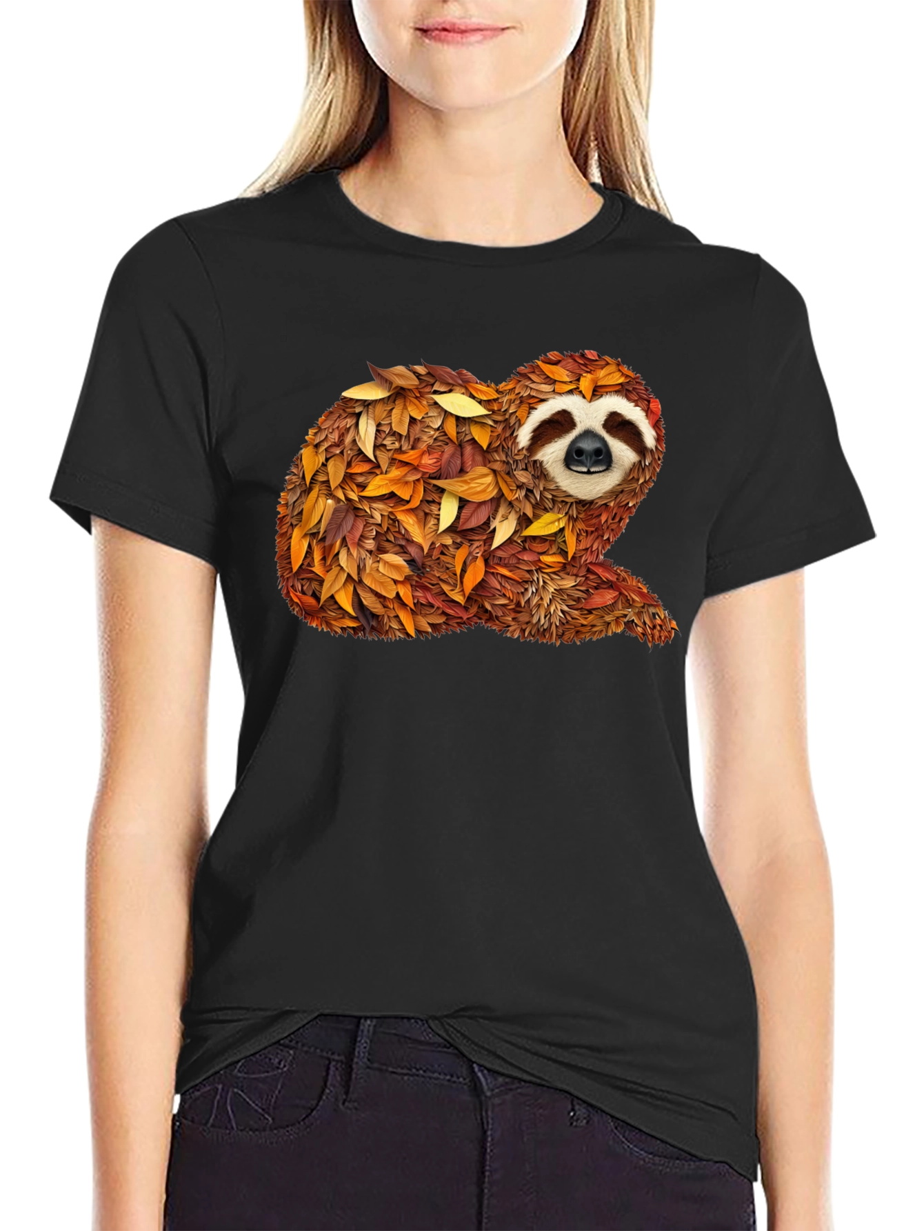 Autumn Sloth Tee - Unique Fall Leaves Design