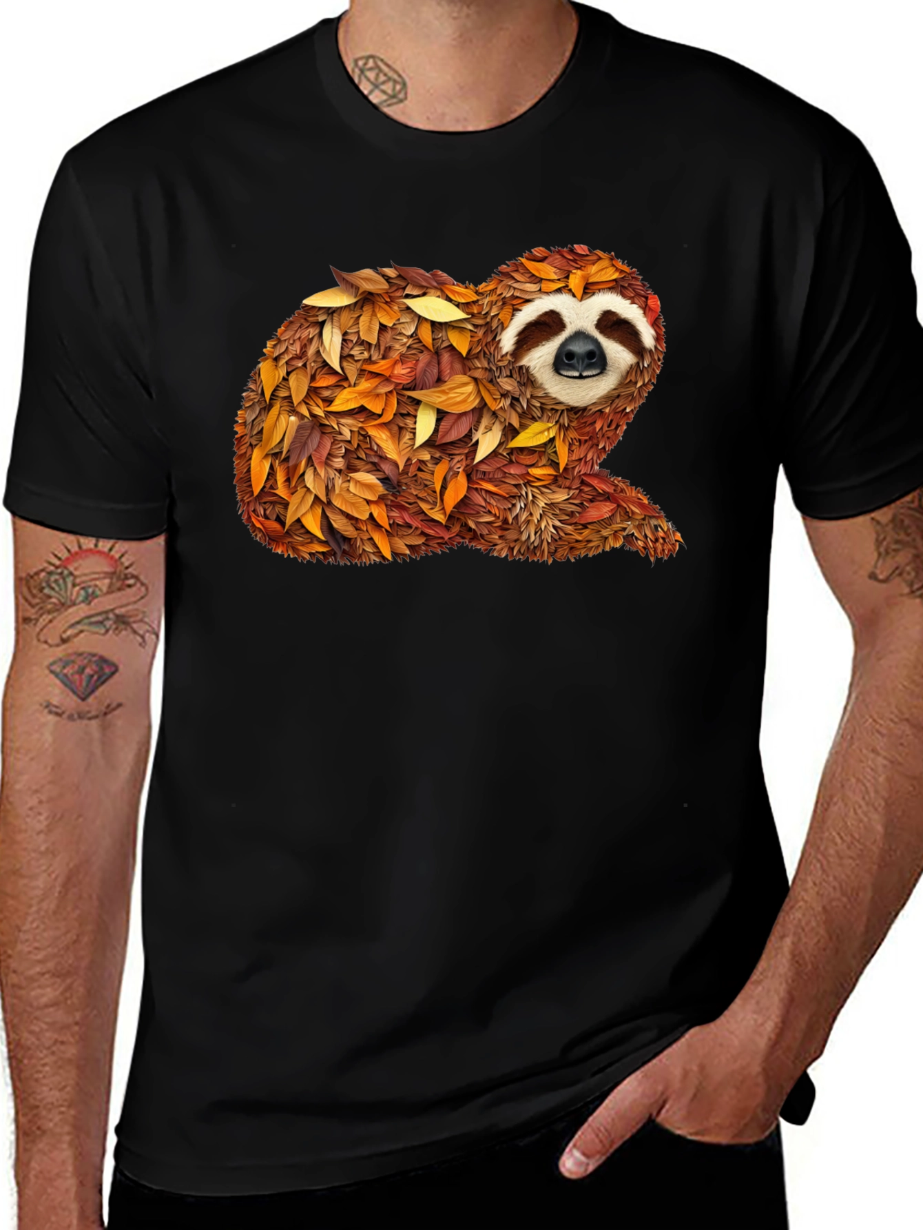 Autumn Sloth Tee - Unique Fall Leaves Design