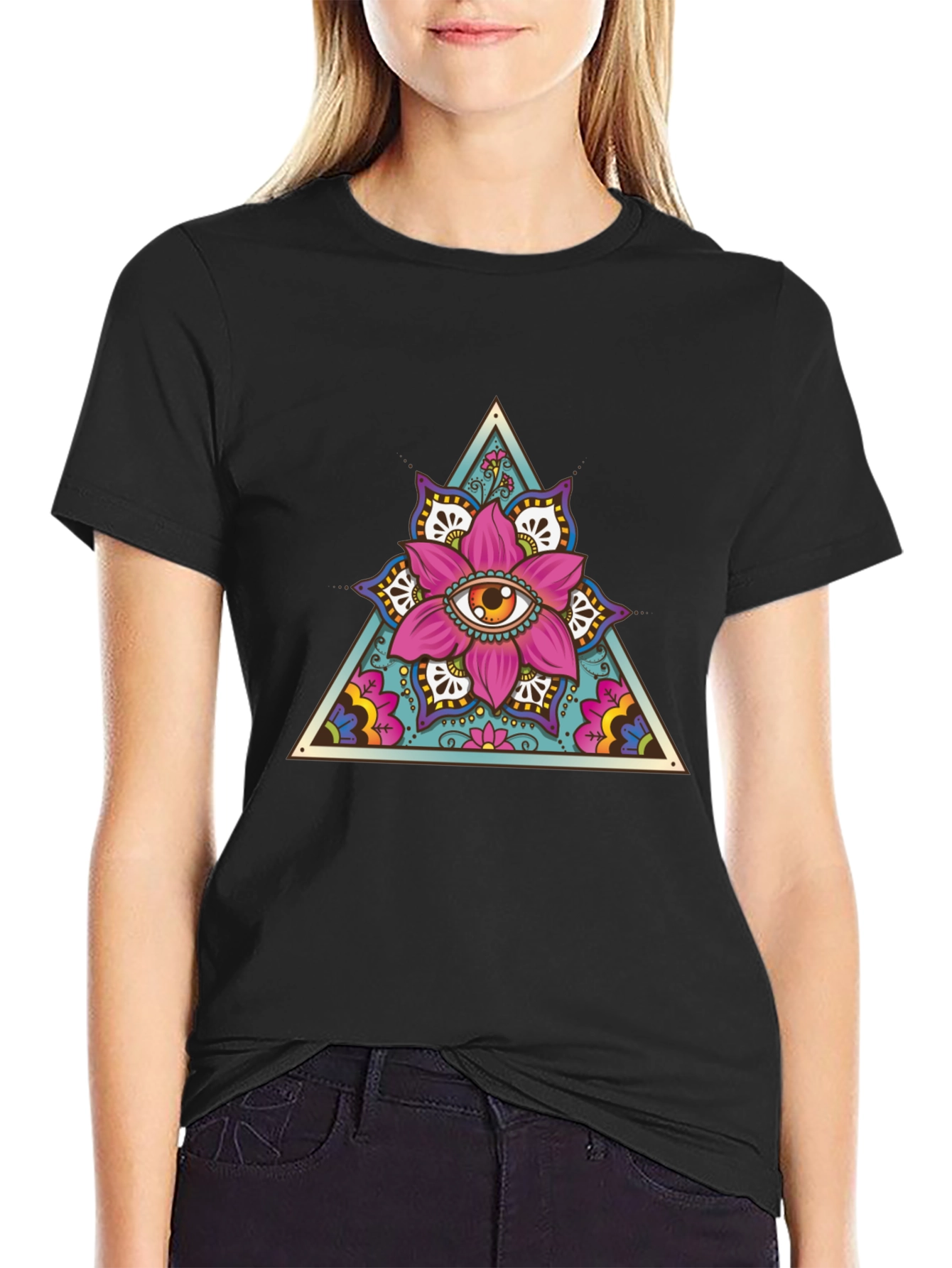 Mystic Eye Flower Triangle Graphic Black T-Shirt