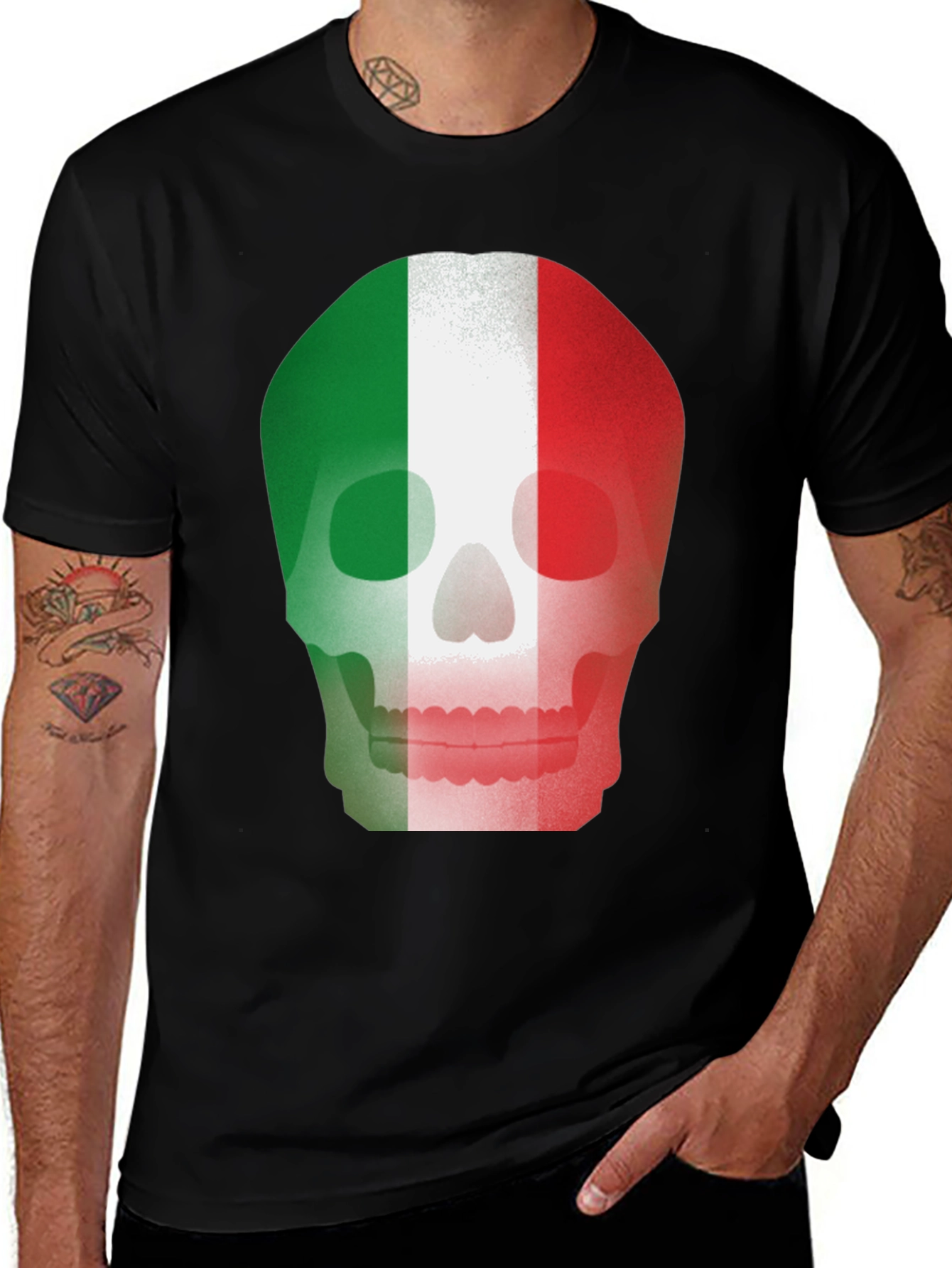 Italian Flag Skull Graphic Tee - Black T-Shirt