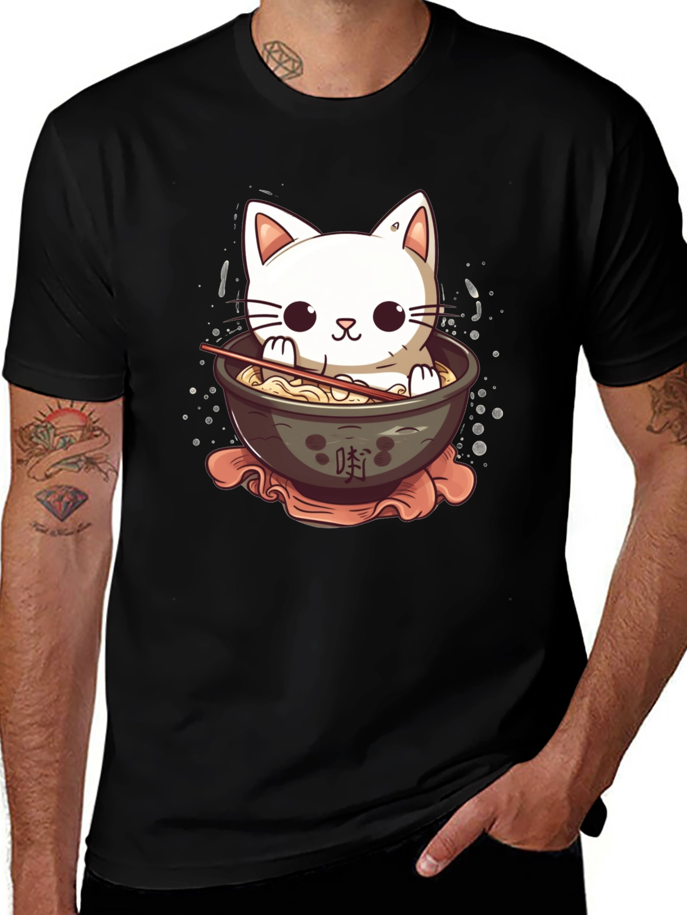 Cute Cat Ramen Bowl Black T-Shirt
