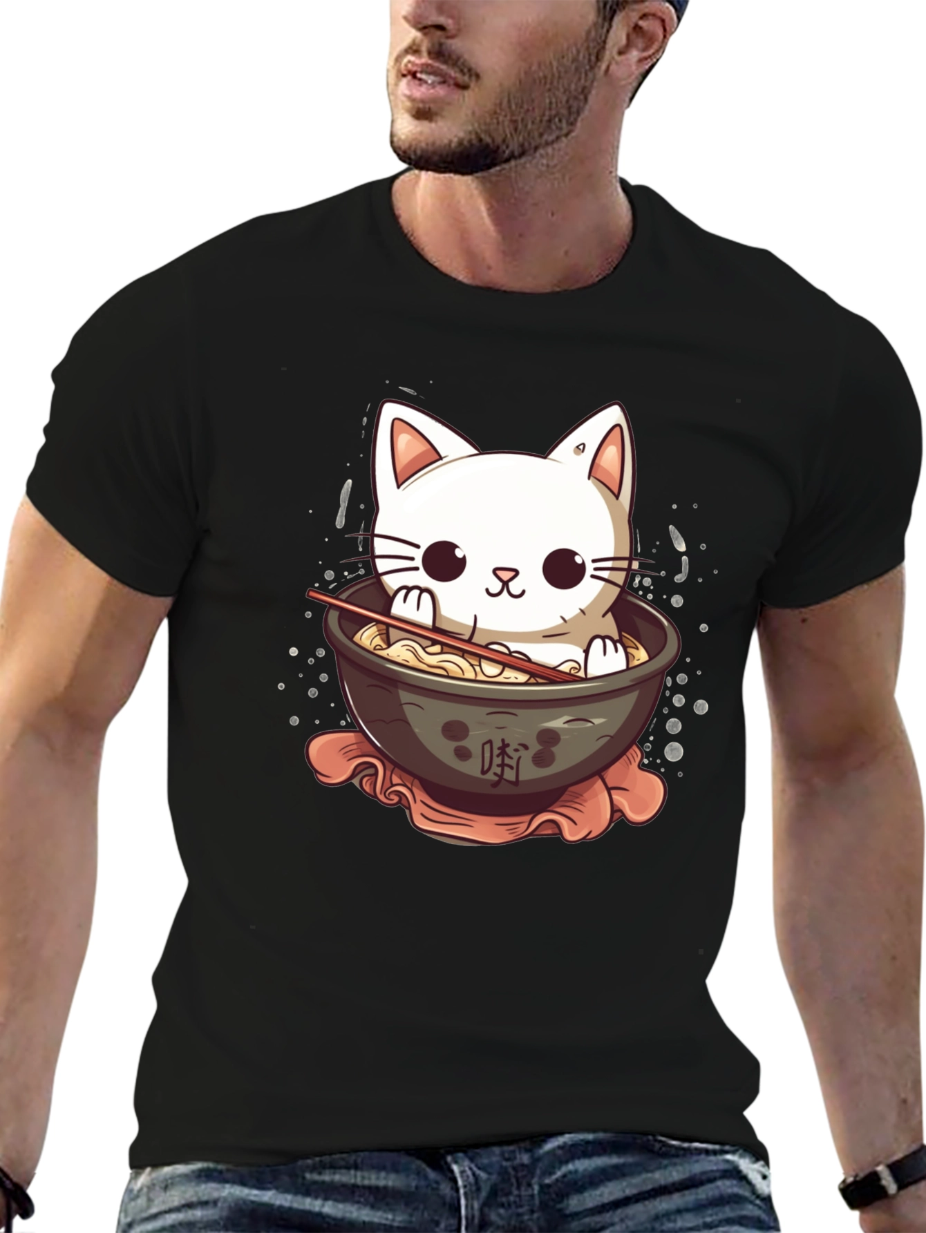 Cute Cat Ramen Bowl Black T-Shirt