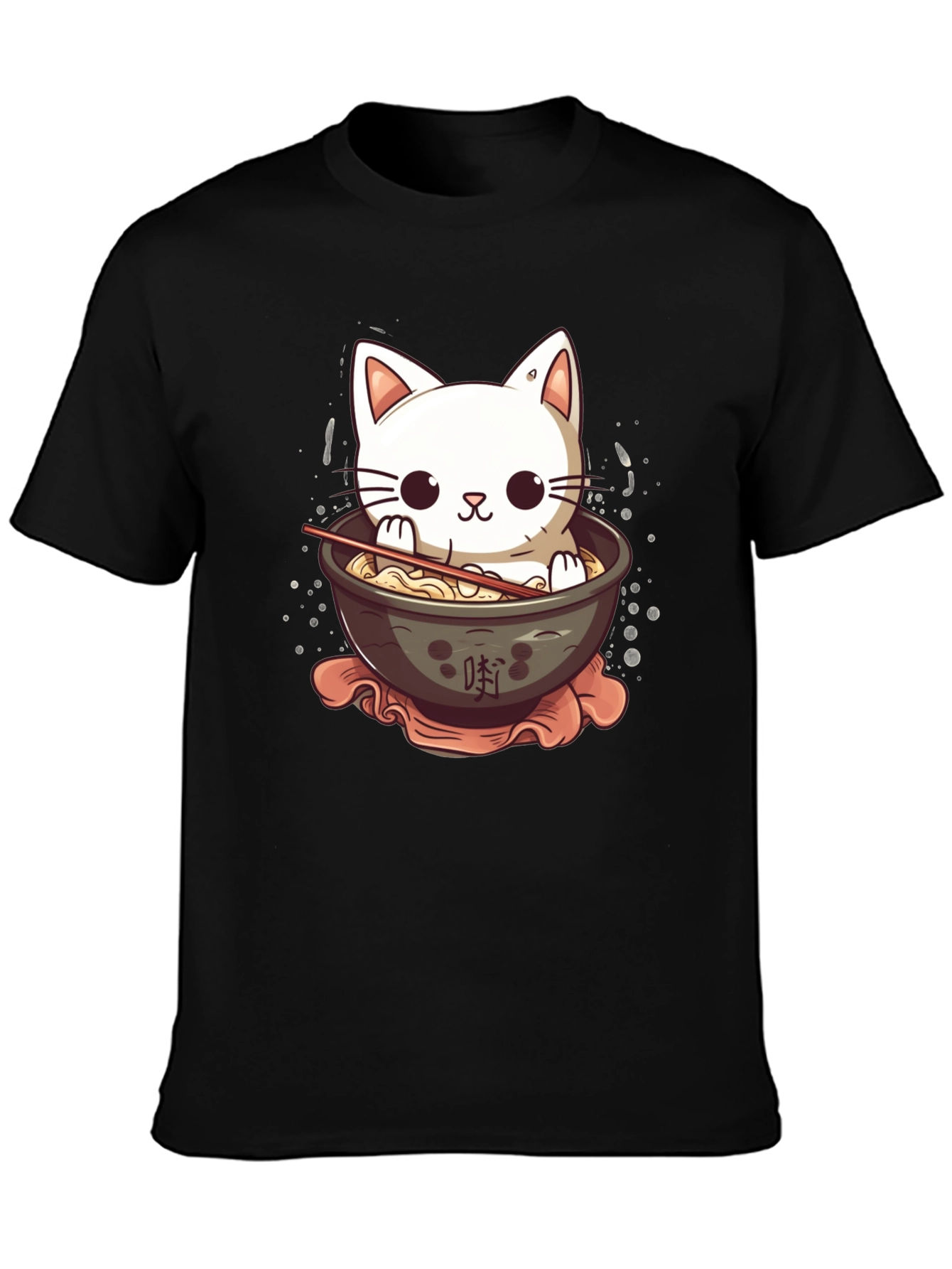 Cute Cat Ramen Bowl Black T-Shirt