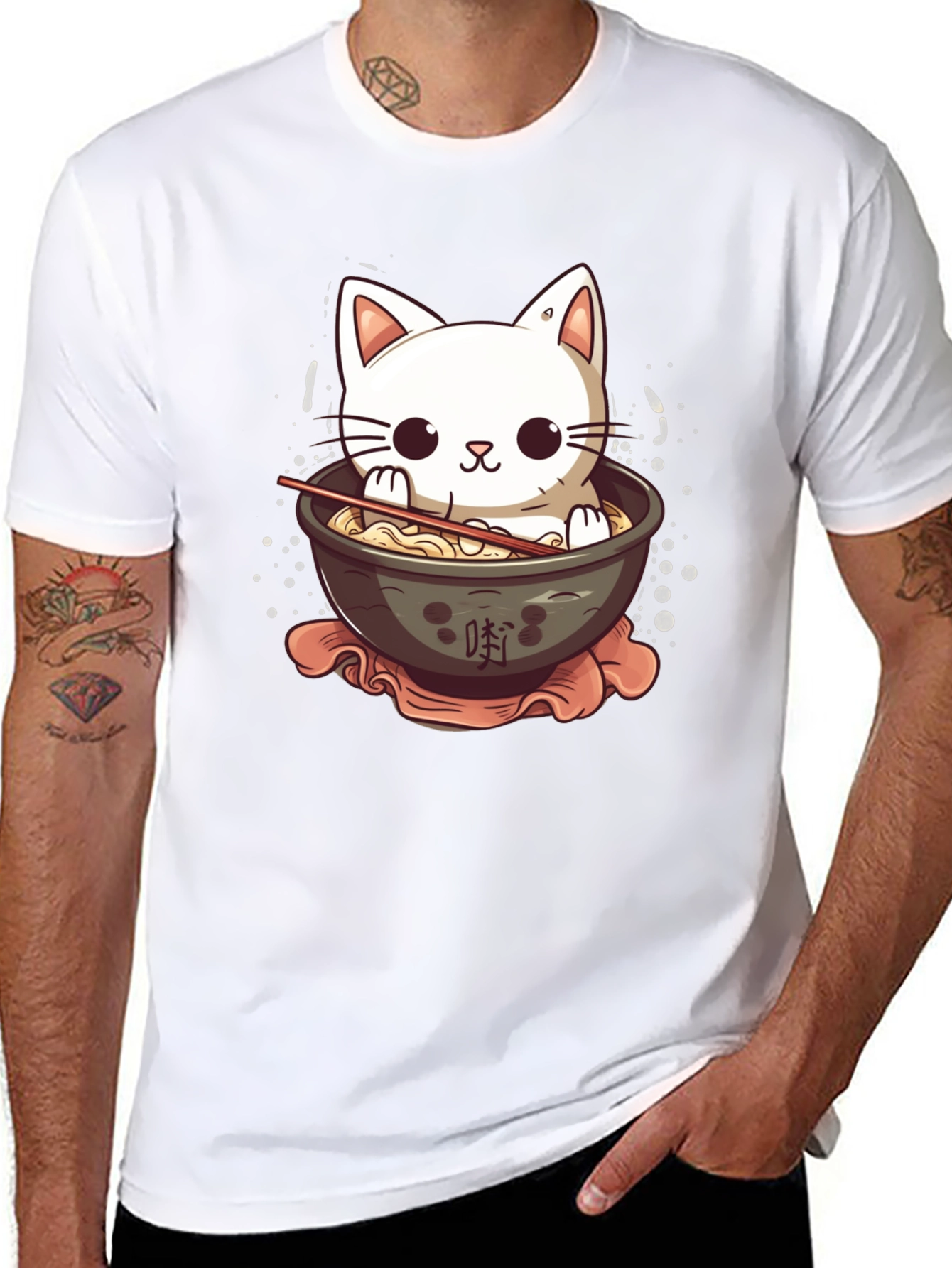 Cute Cat Ramen Bowl Black T-Shirt