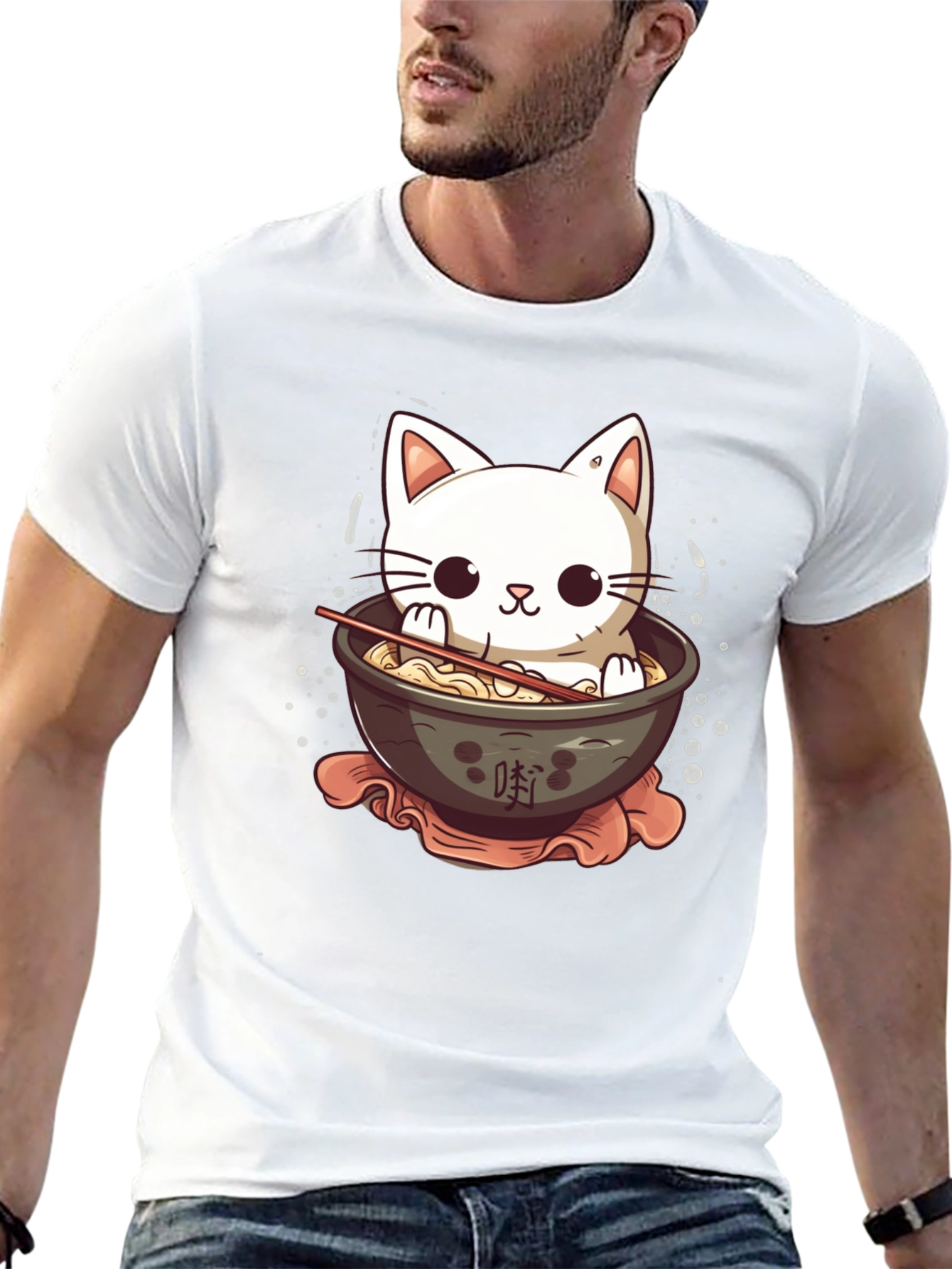 Cute Cat Ramen Bowl Black T-Shirt