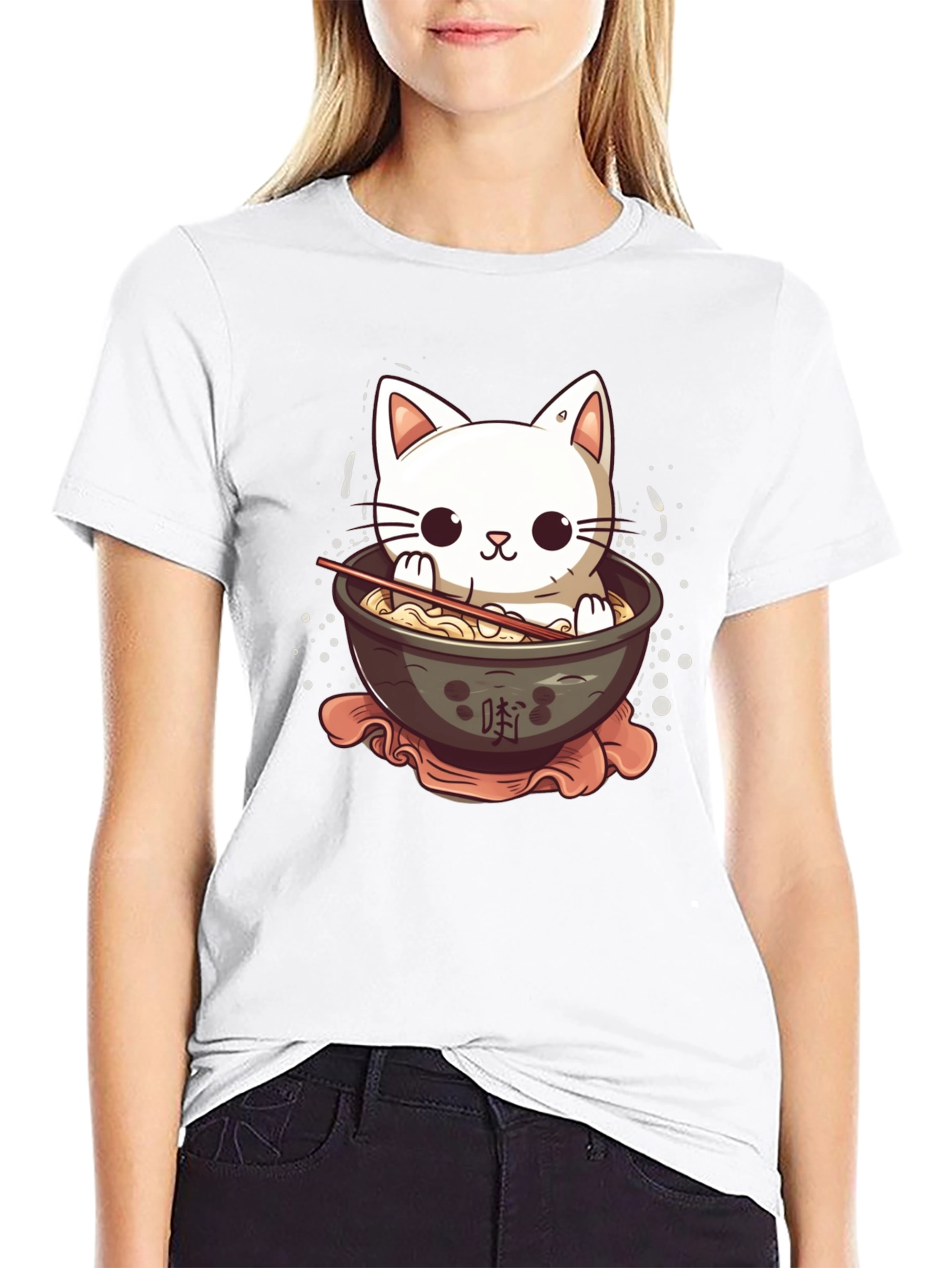 Cute Cat Ramen Bowl Black T-Shirt