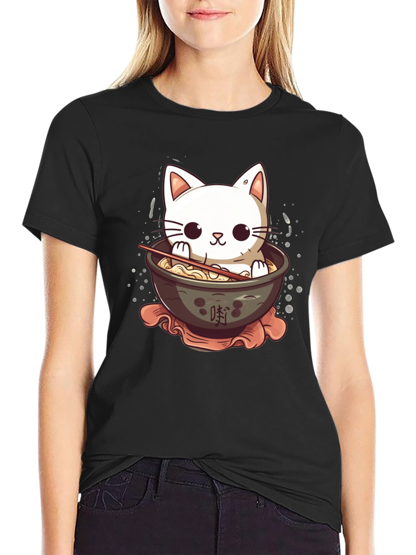 Cute Cat Ramen Bowl Black T-Shirt