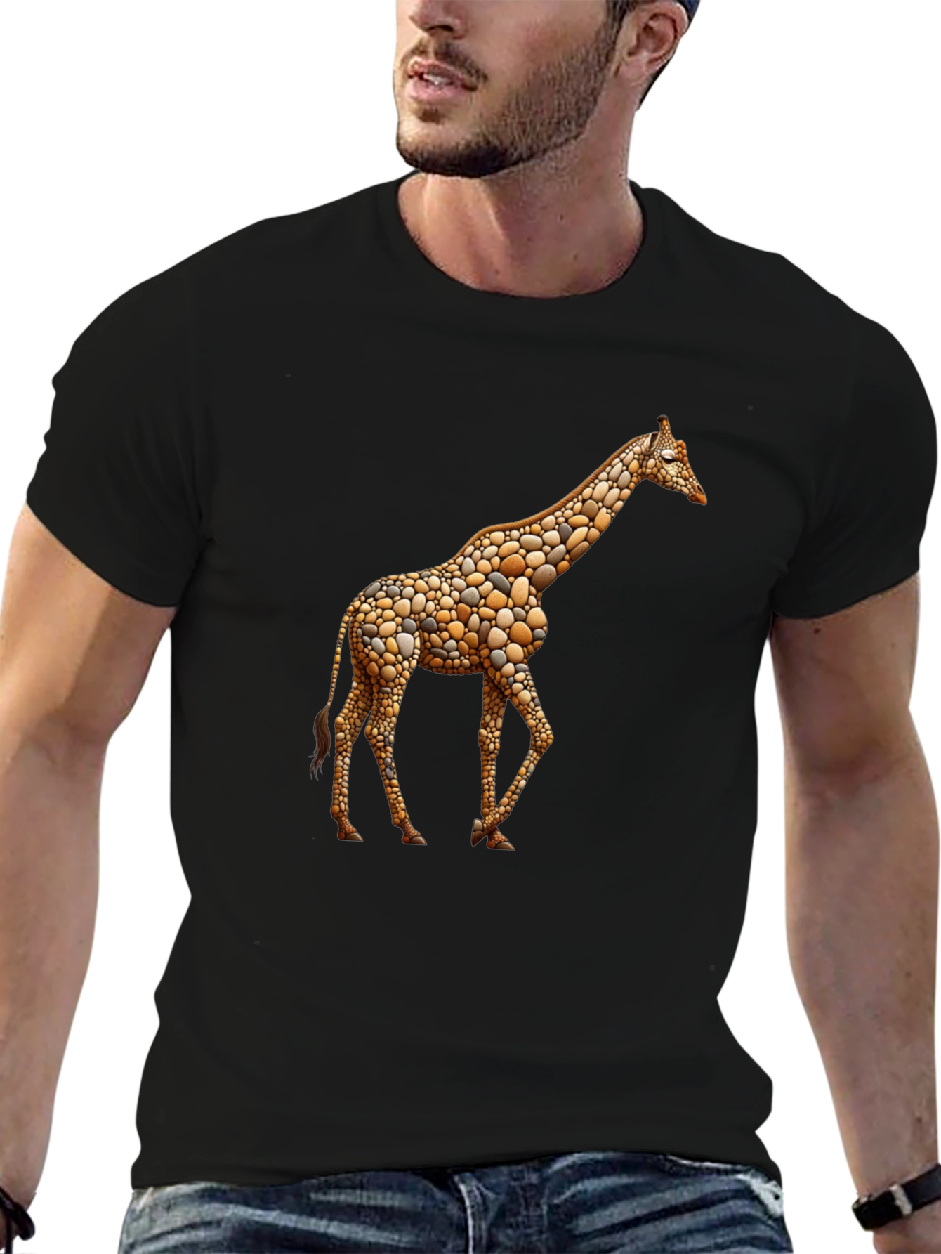 Giraffe Pebble Art Black T-Shirt