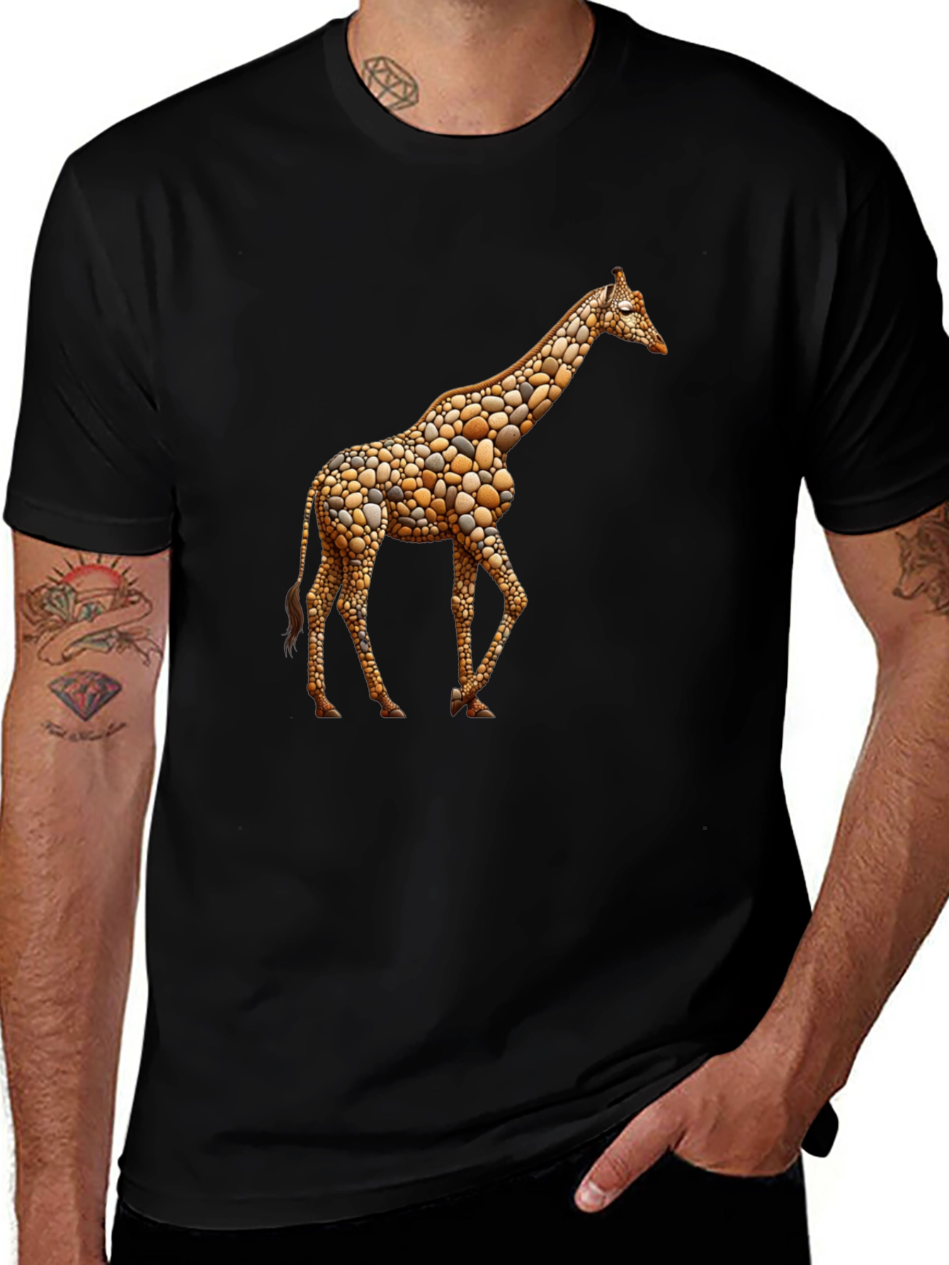 Giraffe Pebble Art Black T-Shirt