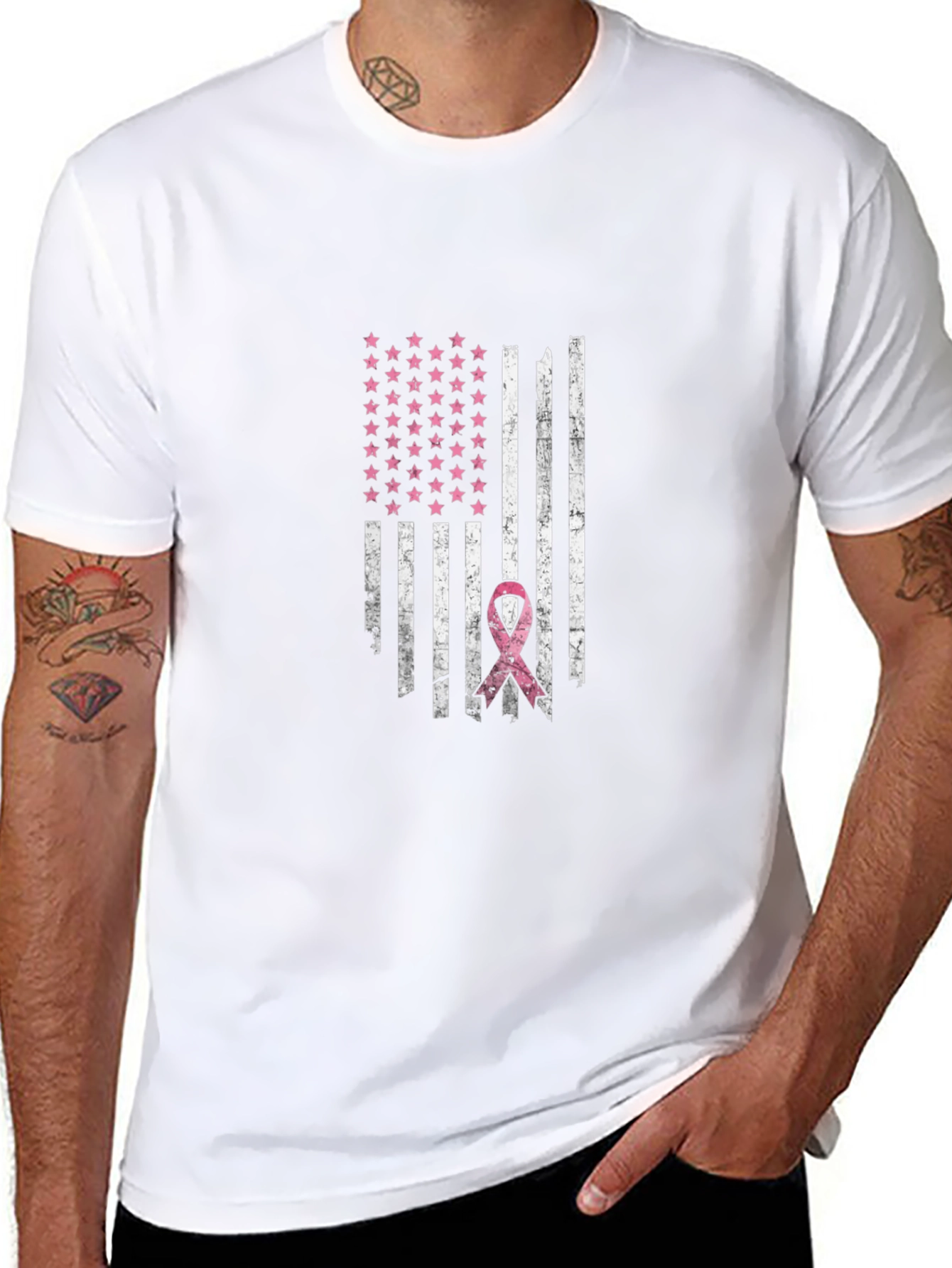 Distressed American Flag Breast Cancer Awareness T-Shirt