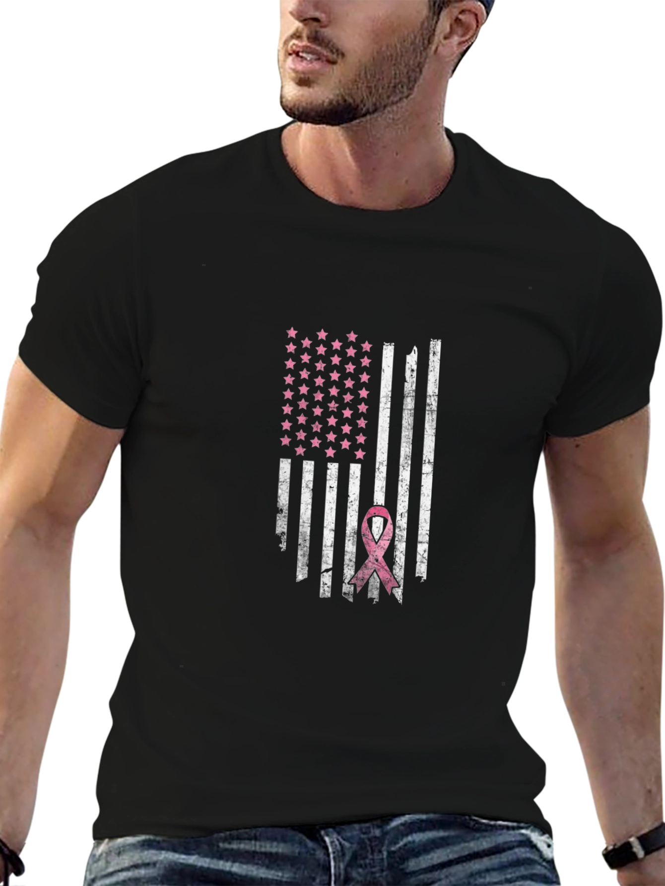 Distressed American Flag Breast Cancer Awareness T-Shirt