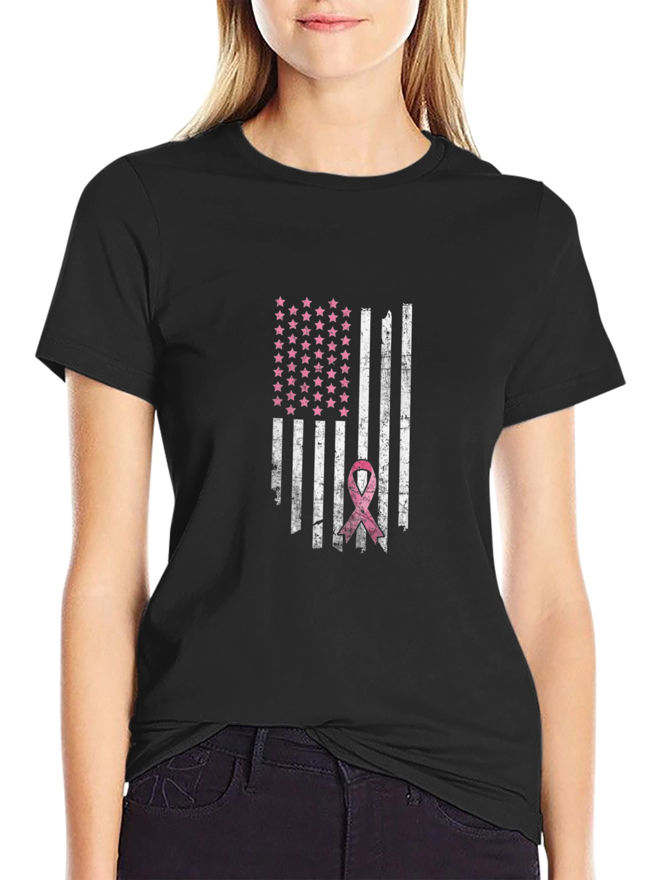 Distressed American Flag Breast Cancer Awareness T-Shirt