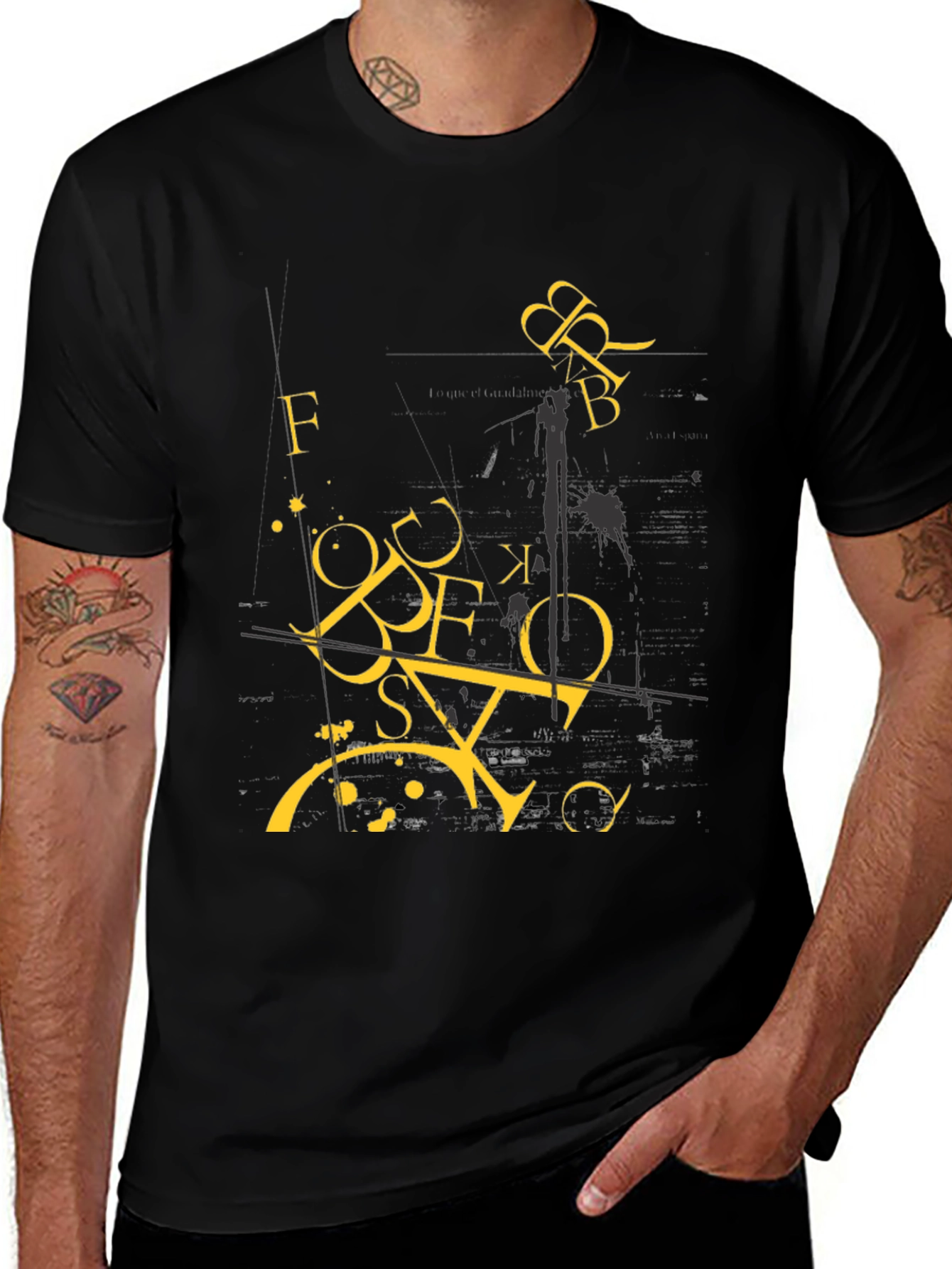 Abstract Letter Graphic Print Black T-Shirt