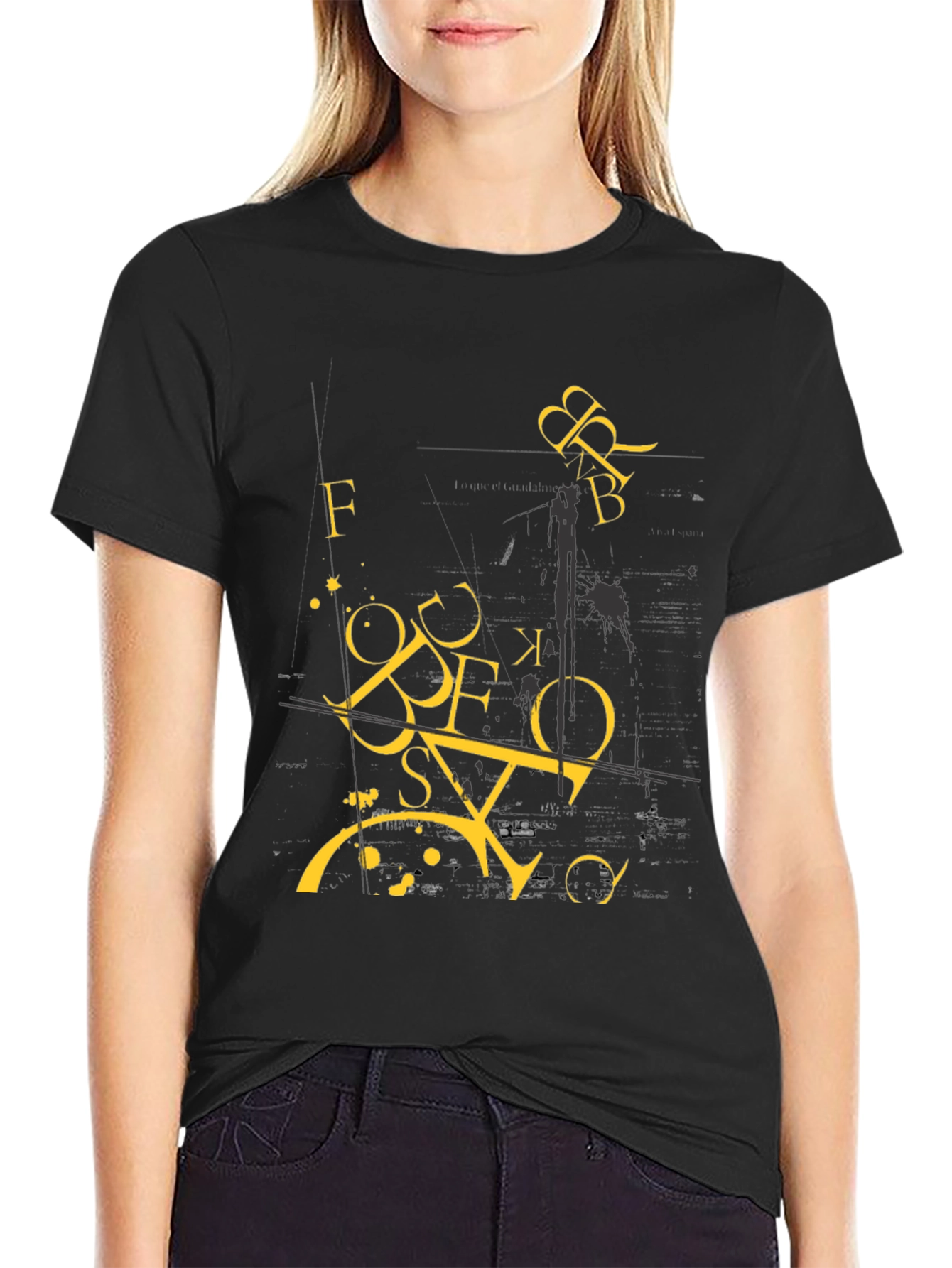 Abstract Letter Graphic Print Black T-Shirt