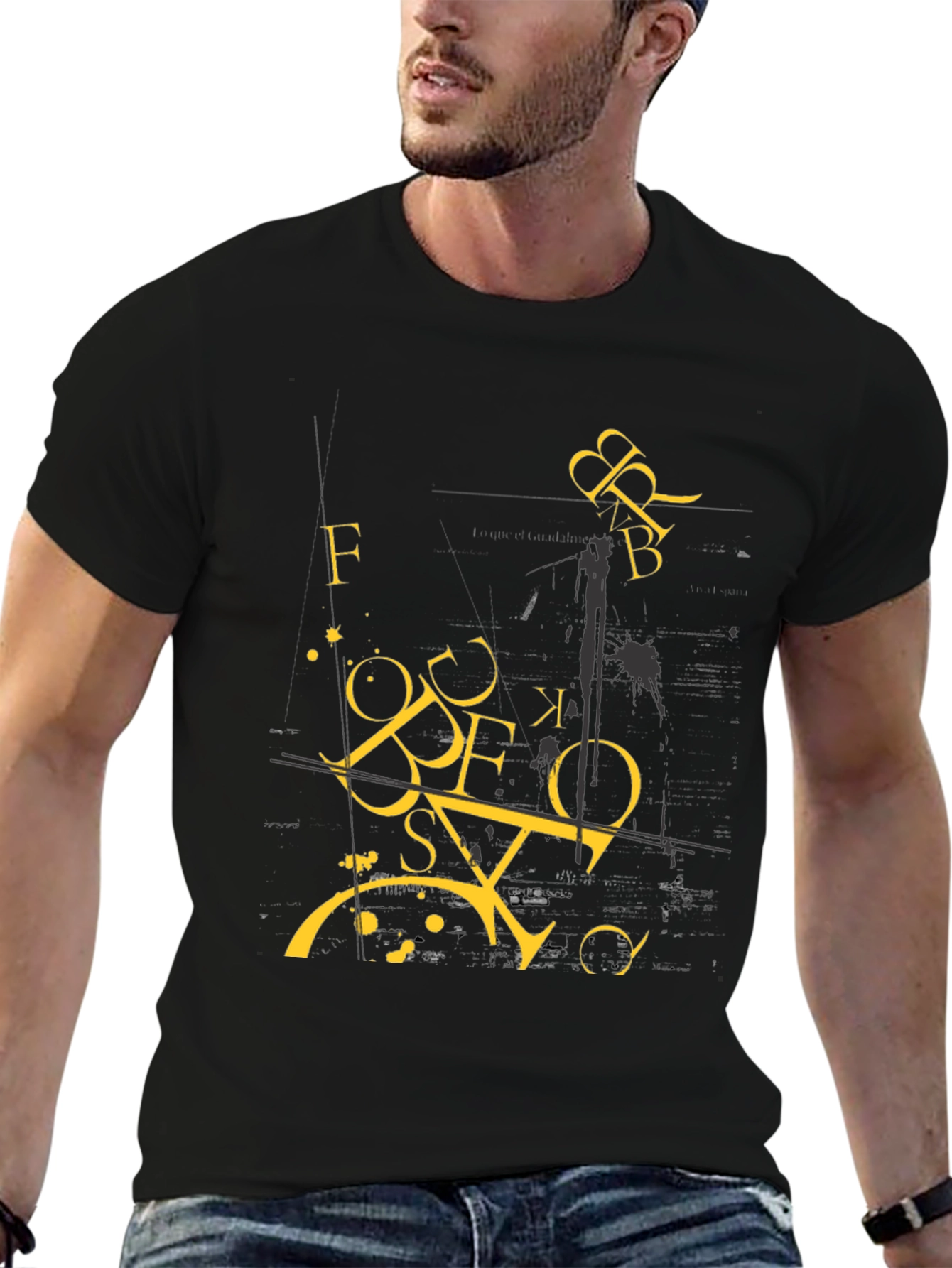 Abstract Letter Graphic Print Black T-Shirt